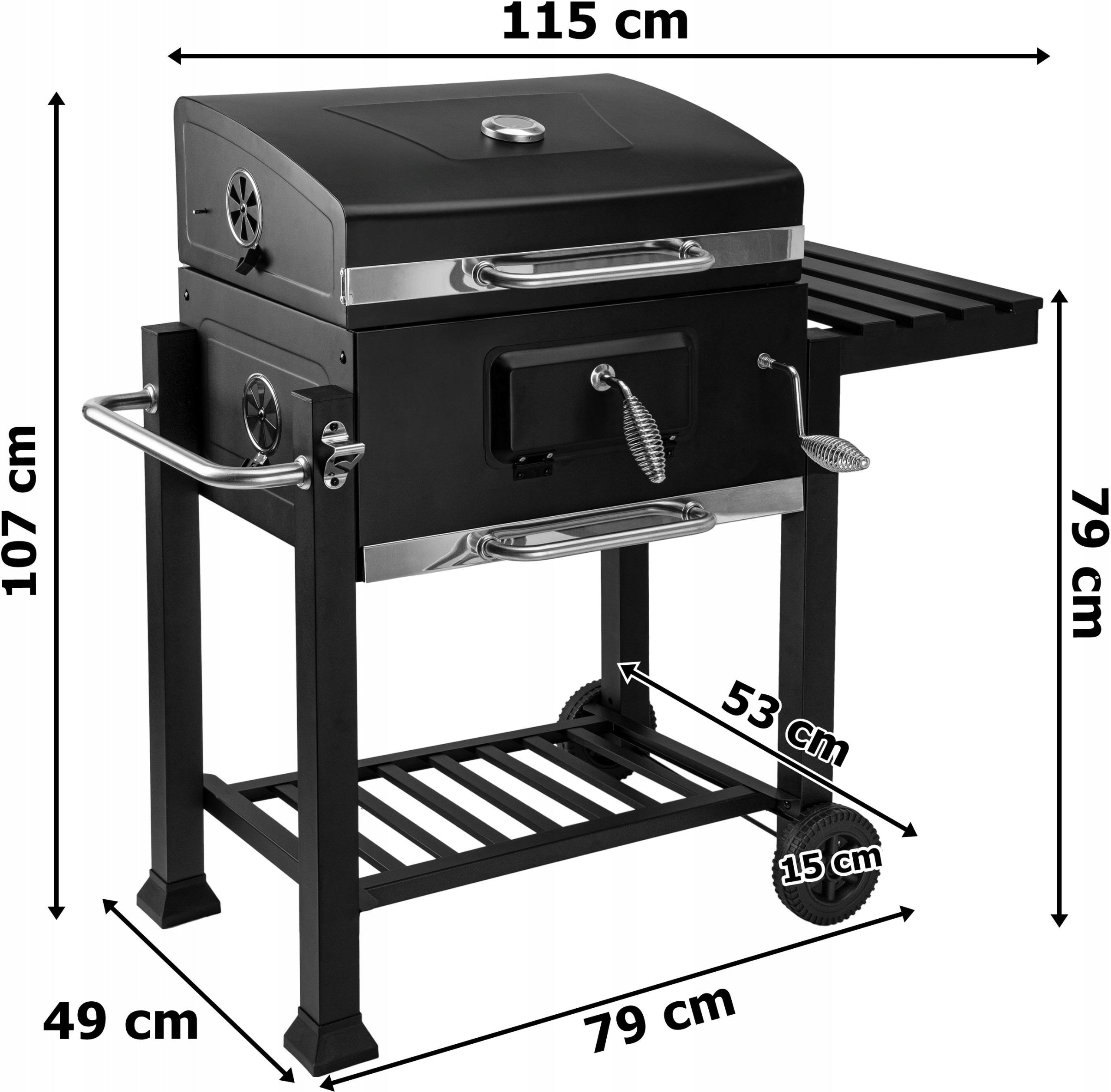 GARDEN CHARCOAL GRILL LARGE CAST IRON GRATE WHEELS SHELVES HOOKS THERMOMETER Grill width 115 cm