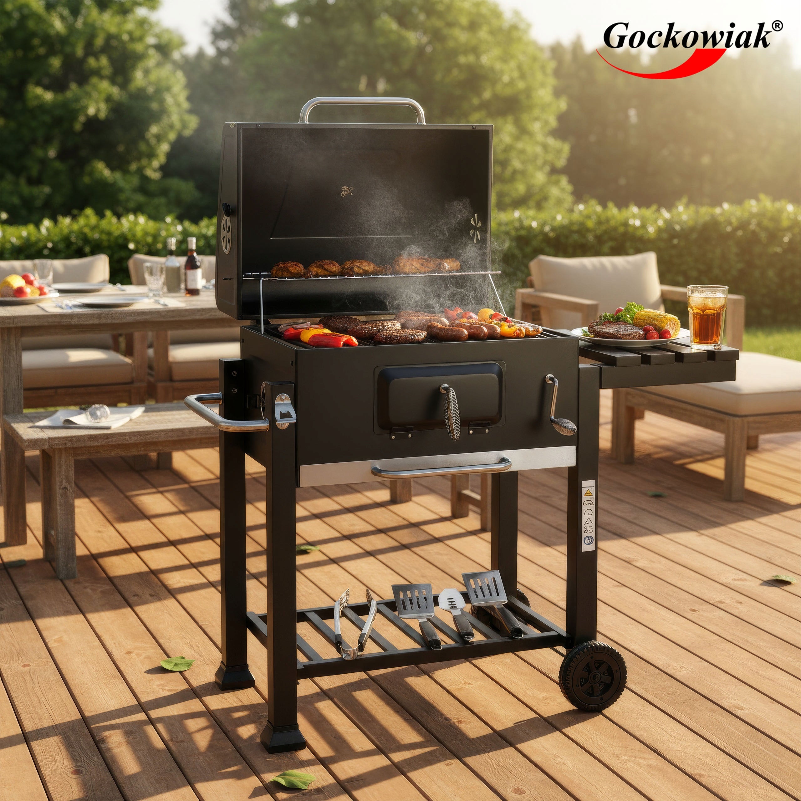 GARDEN CHARCOAL GRILL LARGE CAST IRON GRATE WHEELS SHELVES HOOKS THERMOMETER Manufacturer Gockowiak