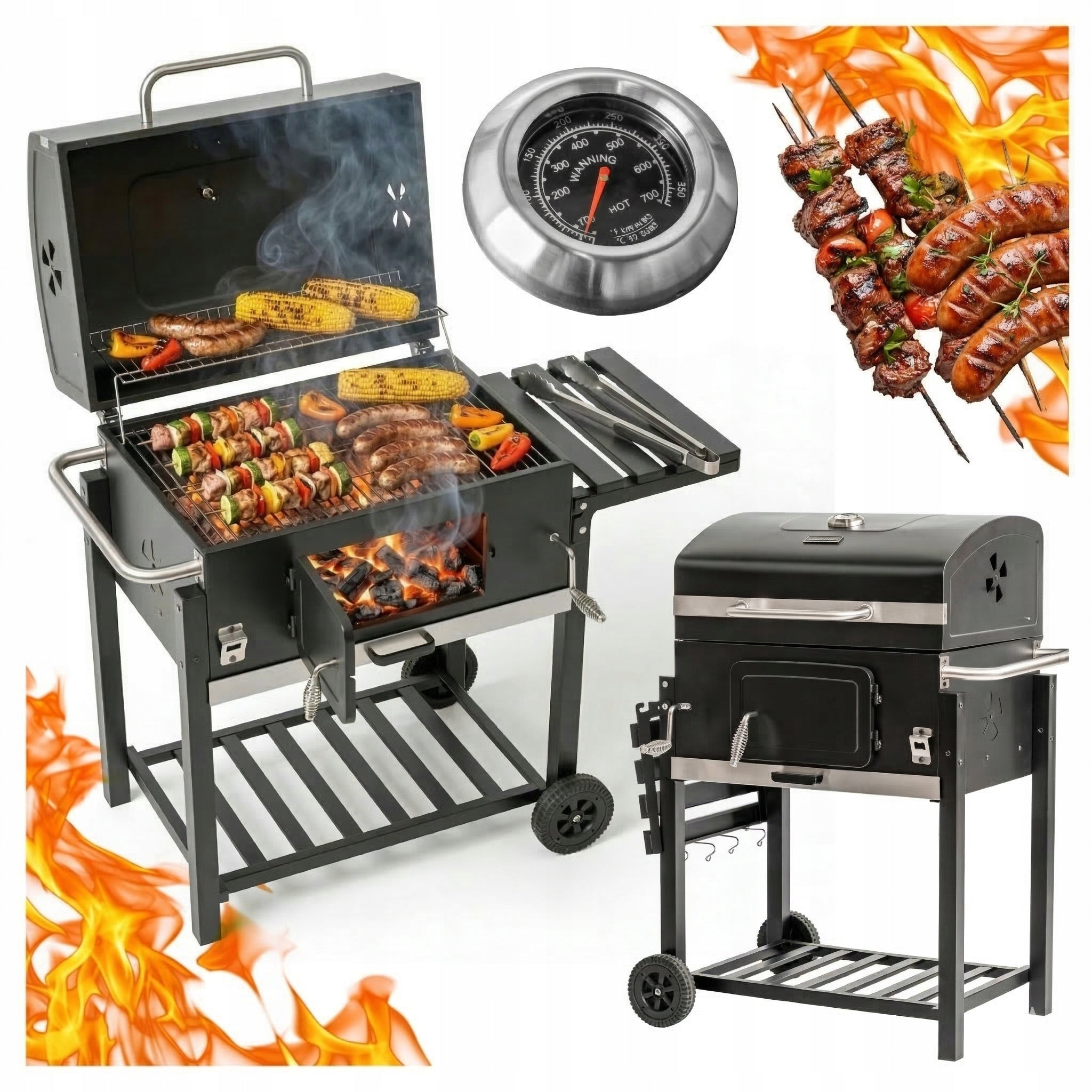 GARDEN CHARCOAL GRILL LARGE GRATE WITH COVER ASHTRAY +THERMOMETER