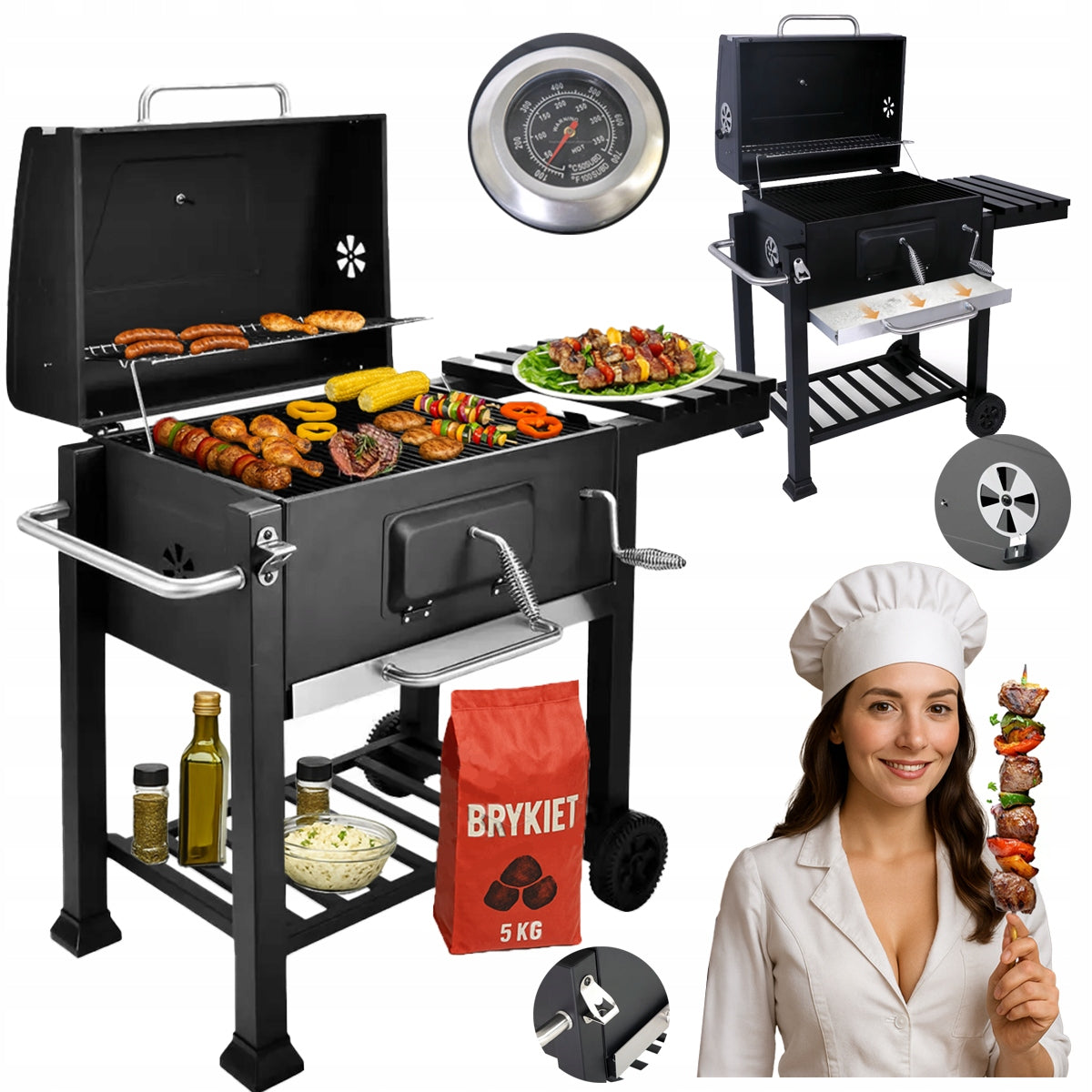 GARDEN CHARCOAL GRILL LARGE GRATE WITH COVER ASHTRAY THERMOMETER