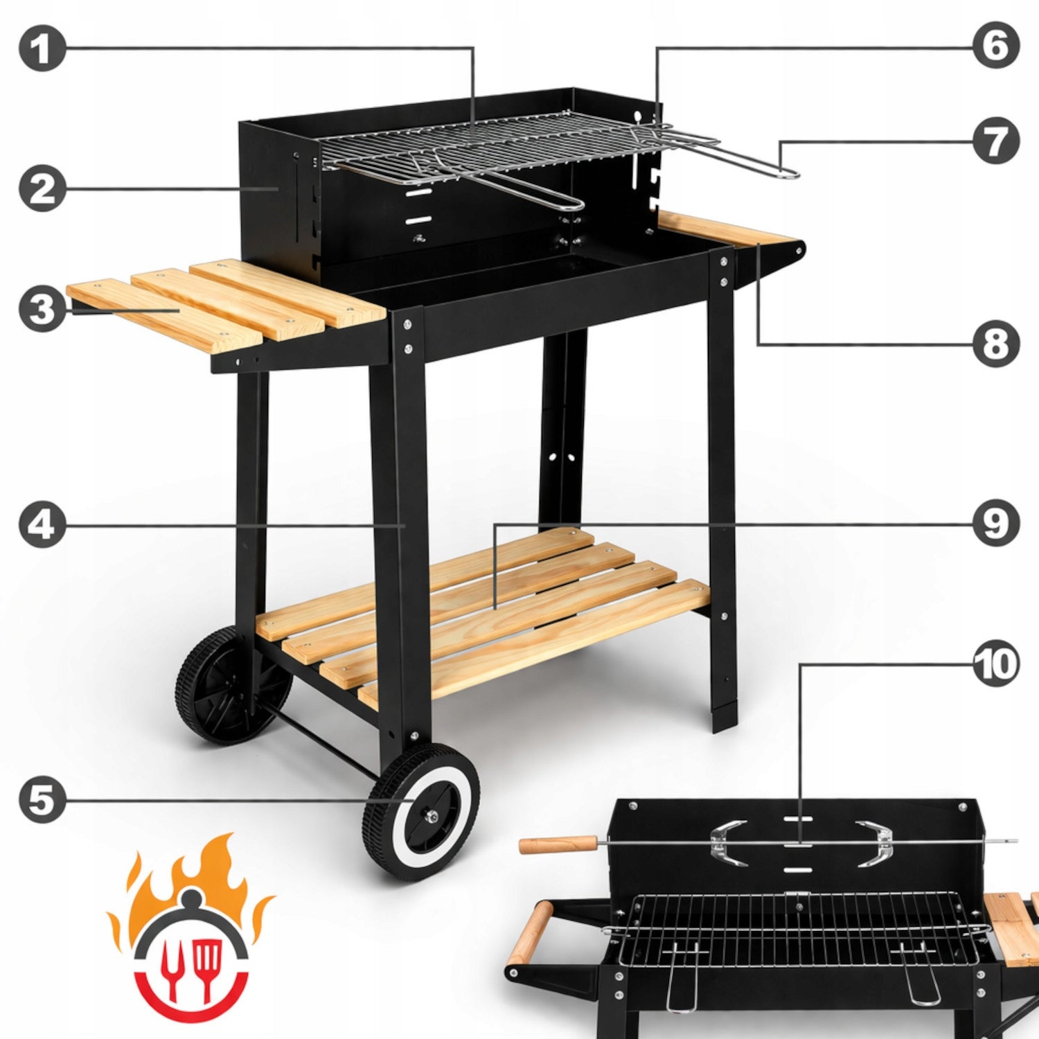 GARDEN CHARCOAL GRILL LARGE SMART SHELF SPIT 5IN1 WINDSHIELD ON WHEELS Packaging status original