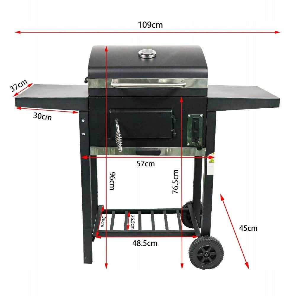 GARDEN CHARCOAL GRILL LARGE WITH THERMOMETER WITH LID WITH ASHTRAY + GRATE Grill height 96.2 cm