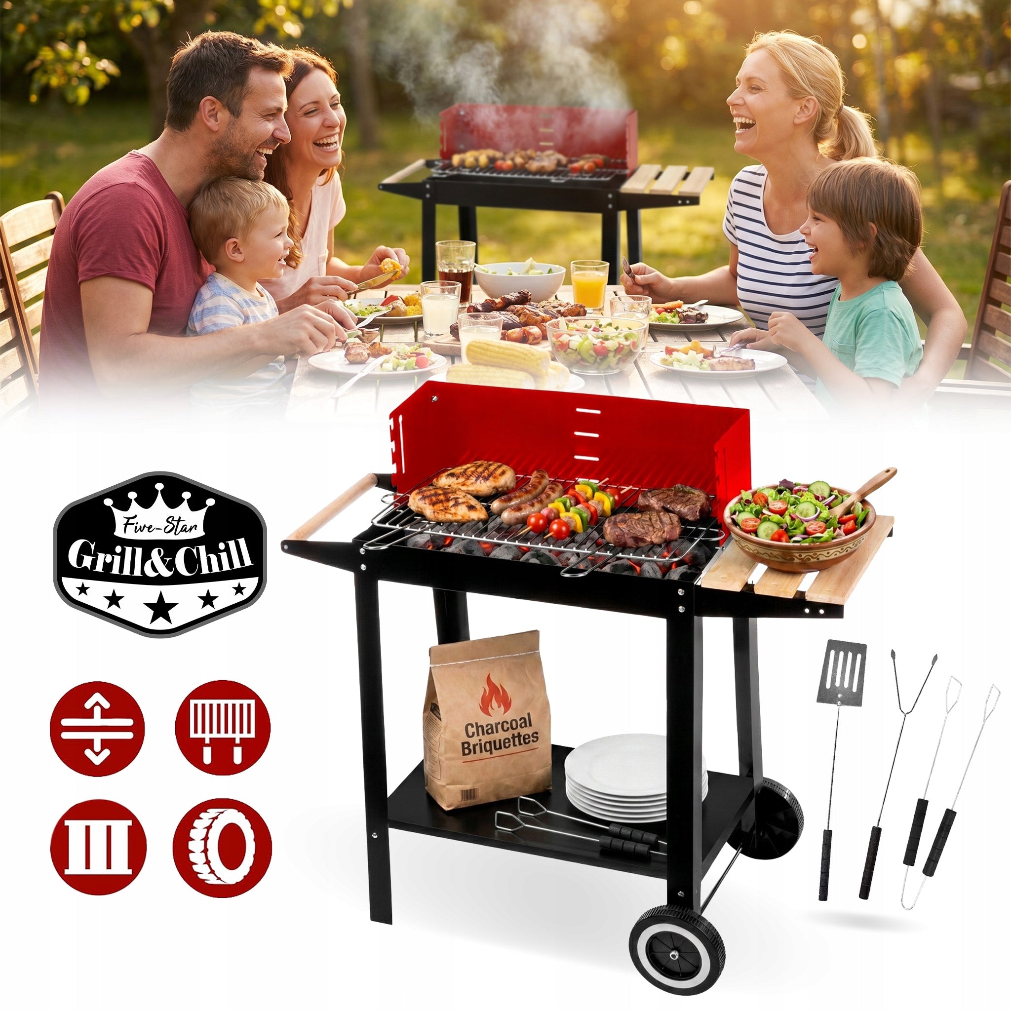 GARDEN CHARCOAL GRILL ON WHEELS GRILL SHELF FOR BRIQUETTE BBQ ACCESSORIES Packaging status original