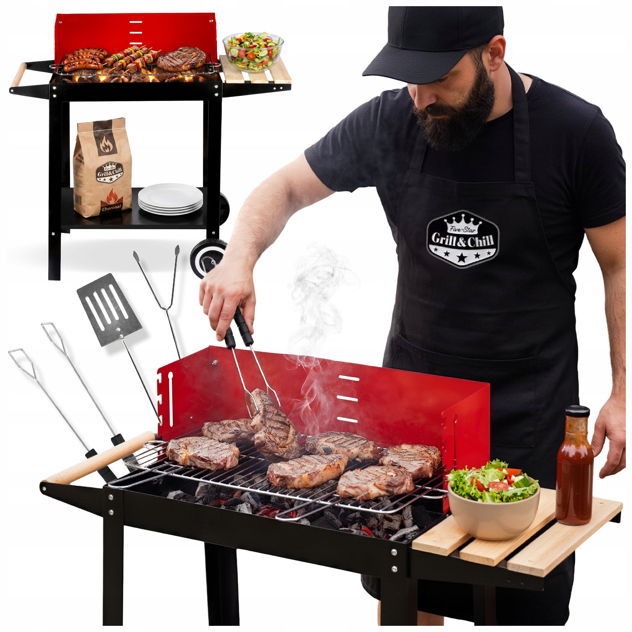 GARDEN CHARCOAL GRILL ON WHEELS GRILL SHELF FOR BRIQUETTE BBQ