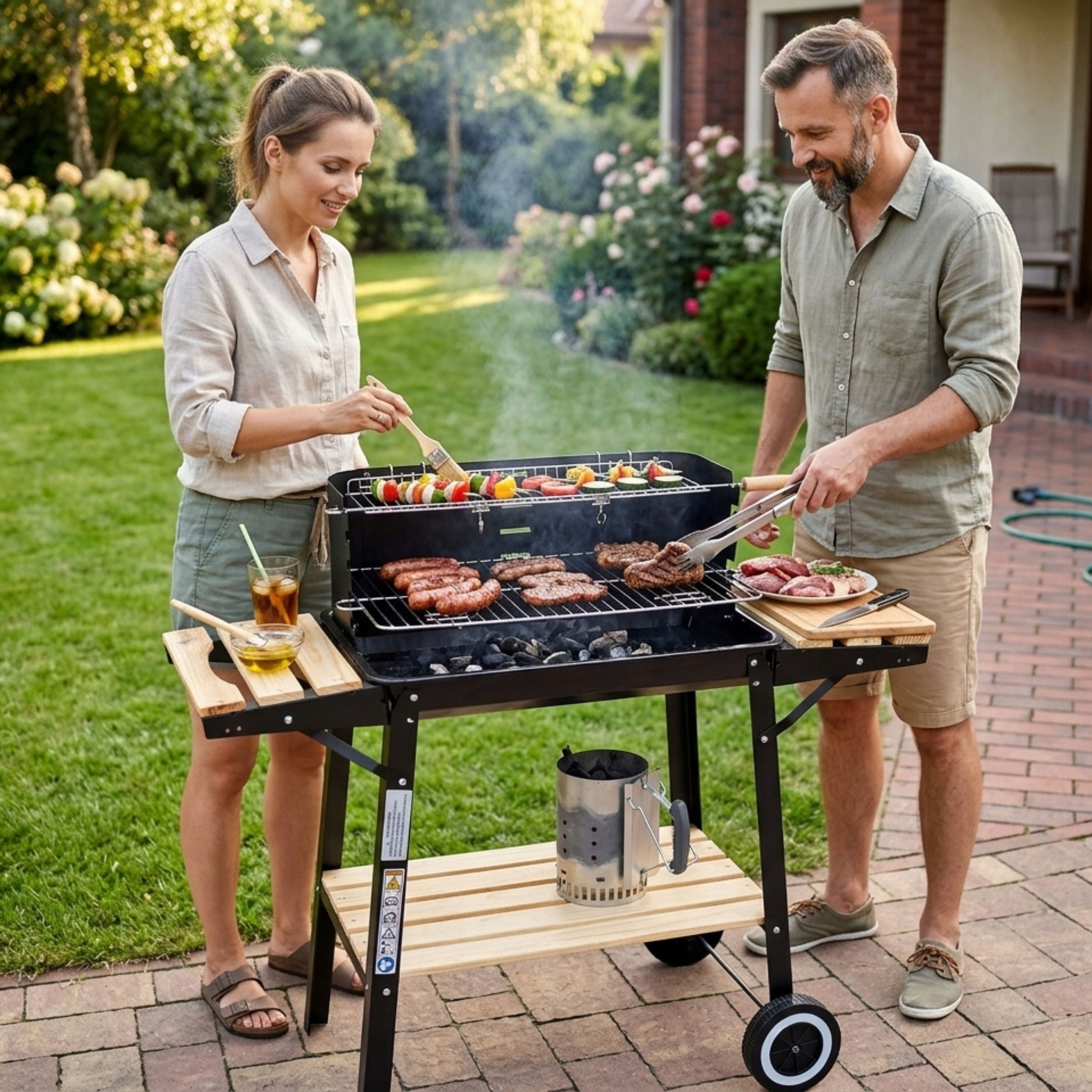GARDEN CHARCOAL GRILL ON WHEELS SPIT 3xSHELVES FOR BRIQUETTE BBQ LARGE GRILL Grill depth 46 cm