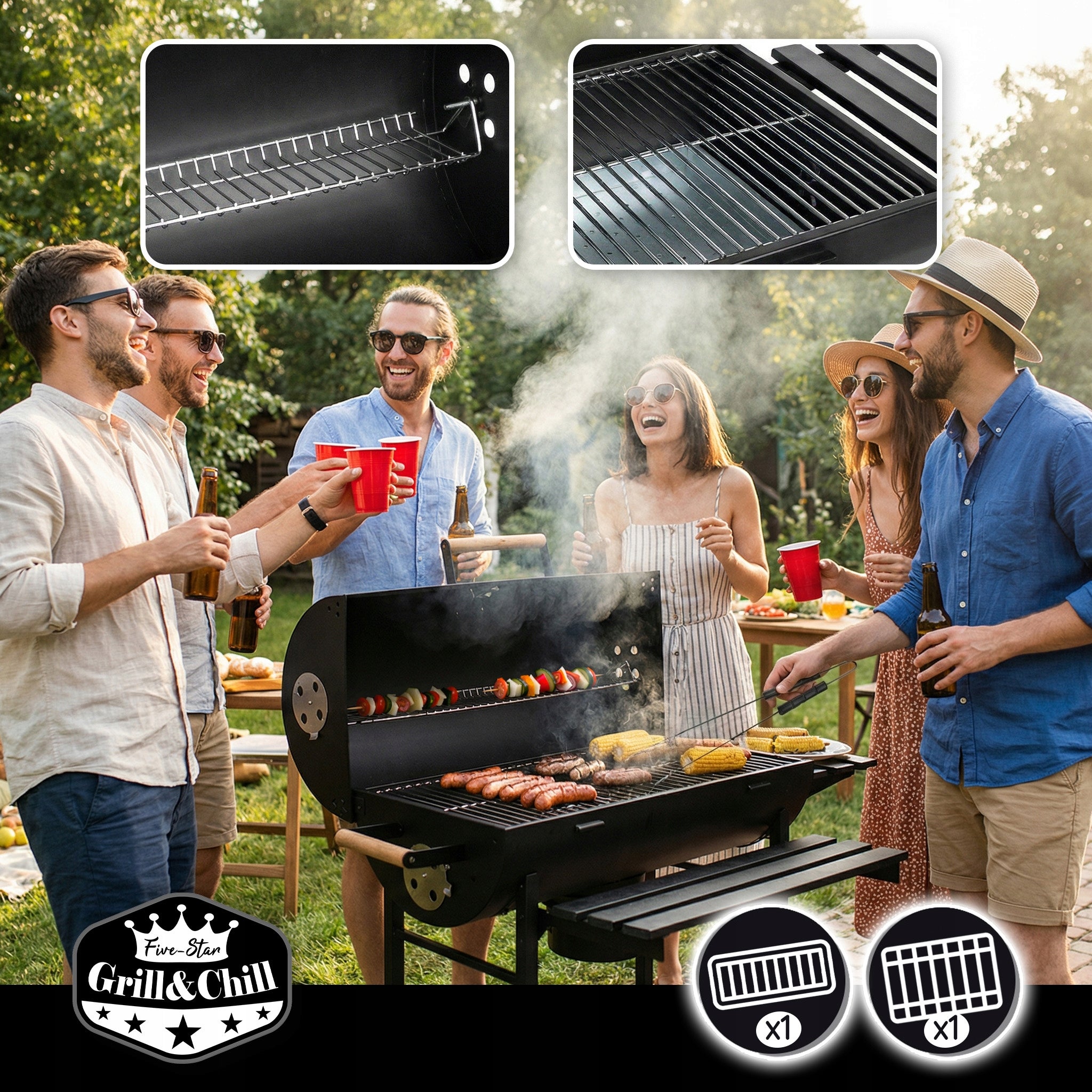 GARDEN CHARCOAL GRILL WITH LID ON WHEELS GRILL SHELF BBQ Manufacturer Five-Star Grill&Chill