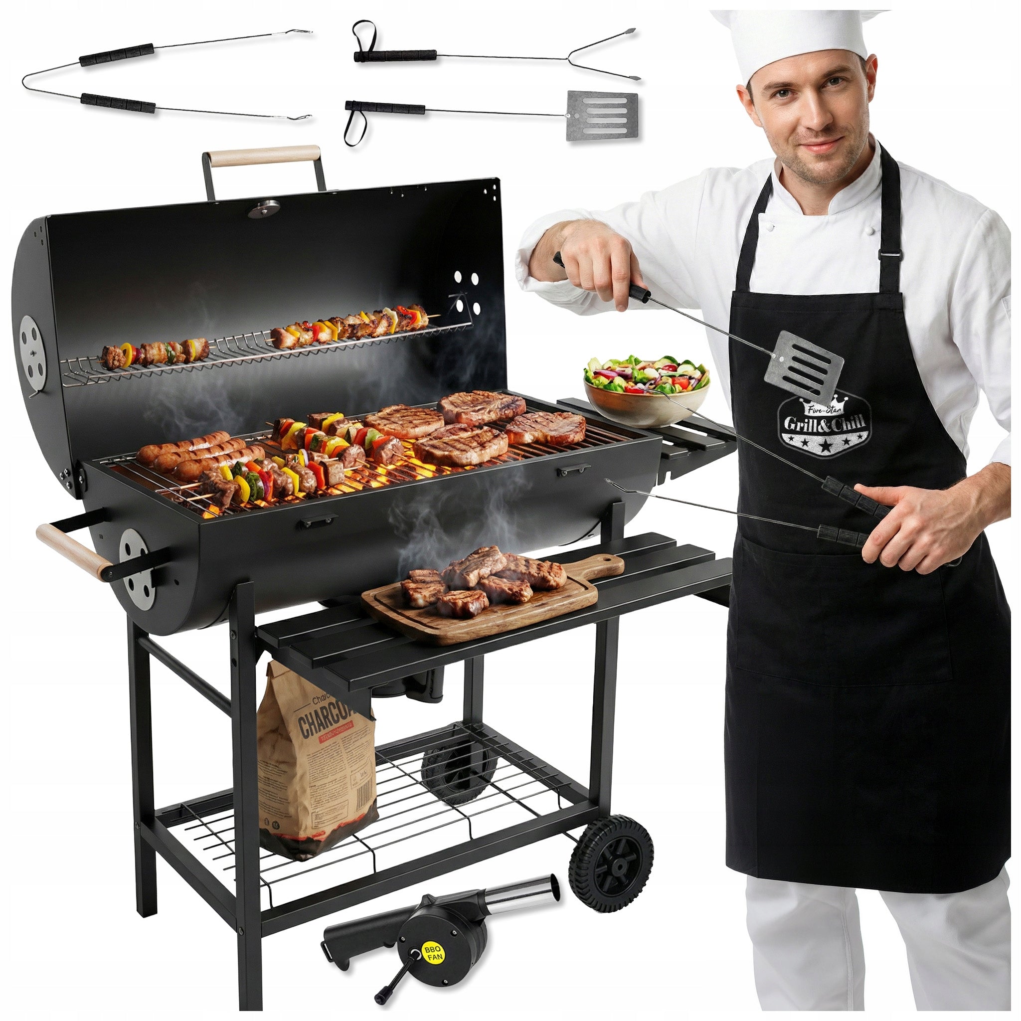 GARDEN CHARCOAL GRILL WITH LID ON WHEELS GRILL SHELF BBQ