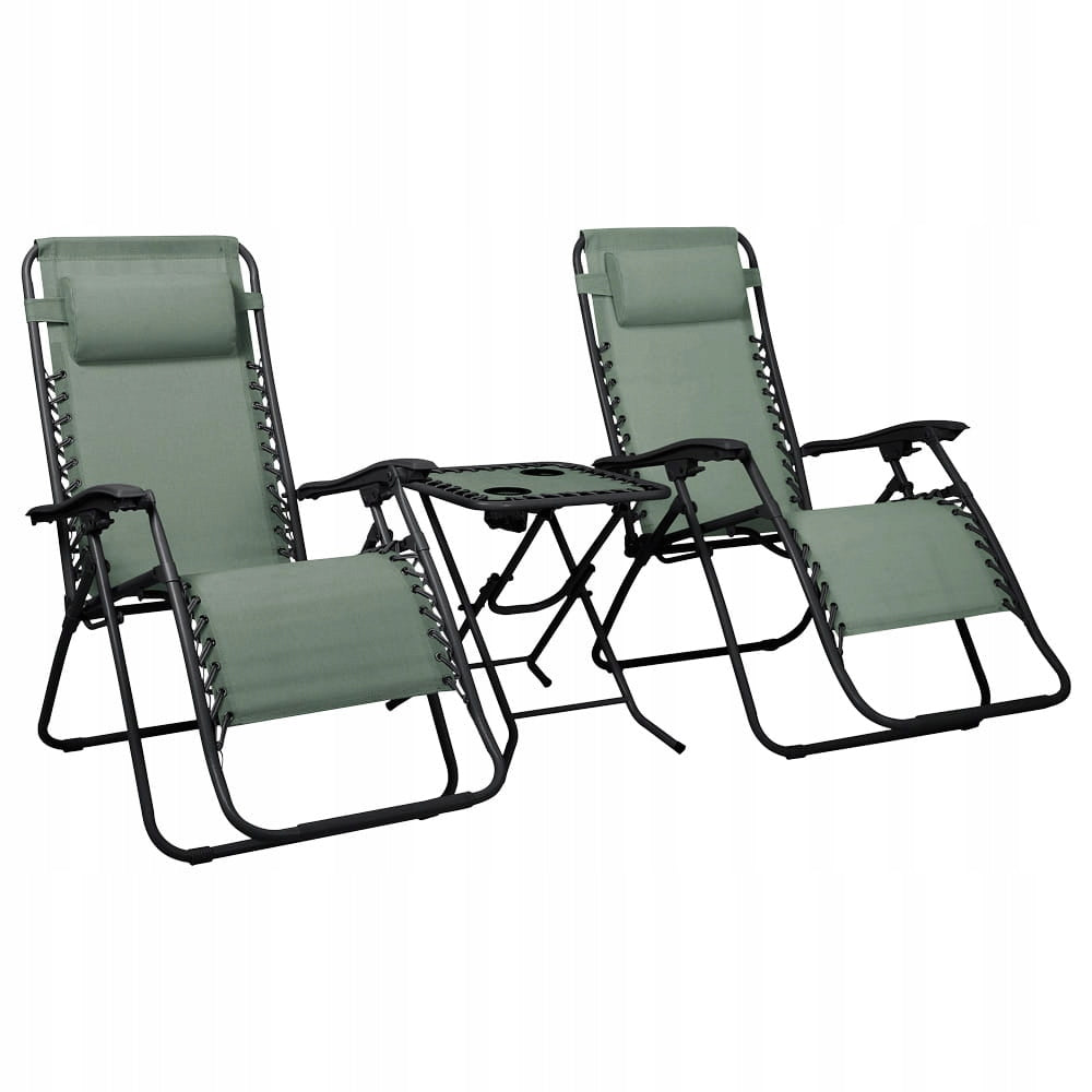 GARDEN DECK CHAIRS DELUX SET GREEN WITH BLACK FRAME 2 DECK CHAIRS WITH TABLE