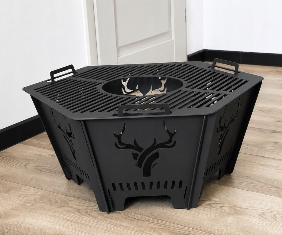 GARDEN FIREPLACE DEER WITH GRATE 2in1 FOLDING STEEL 3MM POLISH PRODUCT Packaging status original