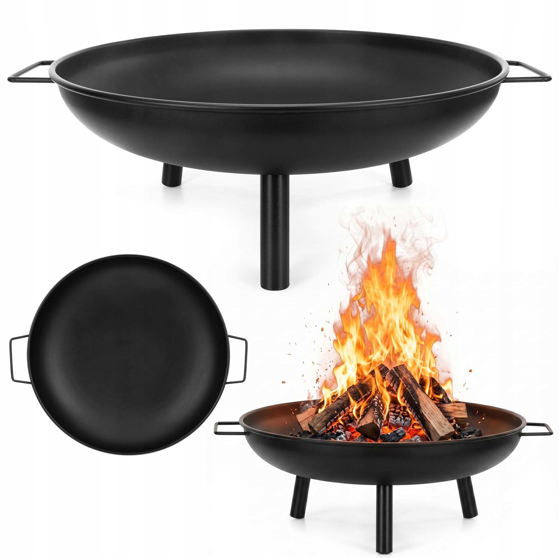 GARDEN FIREPLACE FOR GRILL FIREPLACE LARGE STEEL 60cm BLACK WITH HANDLES Product height 22.5 cm