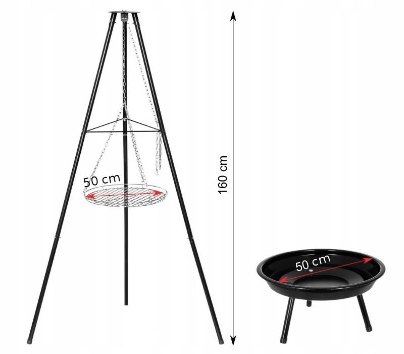 GARDEN FIREPLACE GRILL TRIPOD PORTABLE SPHERICAL STEEL GRATE 49x49 cm Grill height 155 cm