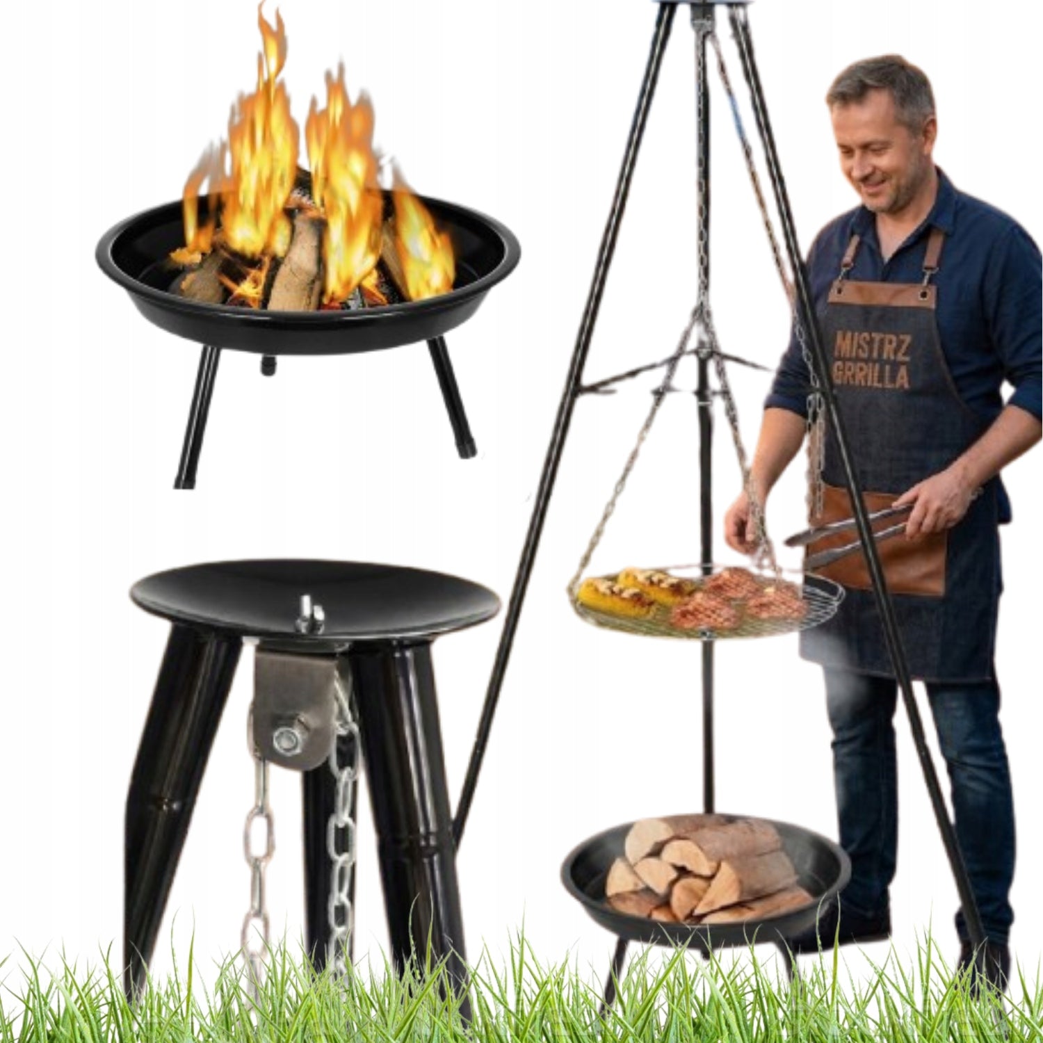 GARDEN FIREPLACE GRILL TRIPOD PORTABLE SPHERICAL STEEL GRATE 49x49 cm
