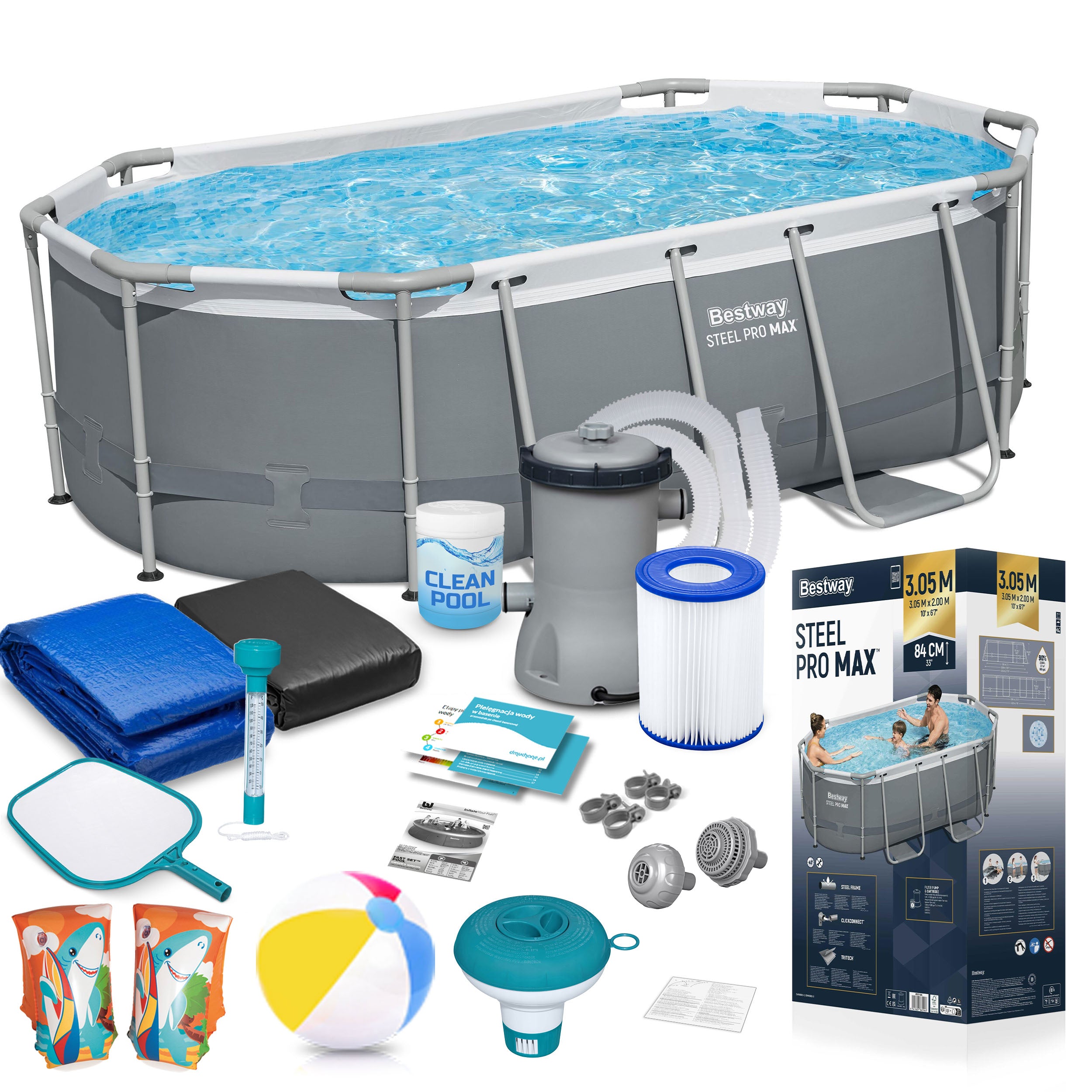 GARDEN FRAME POOL 305x200x84cm OVAL BESTWAY SET 17in1