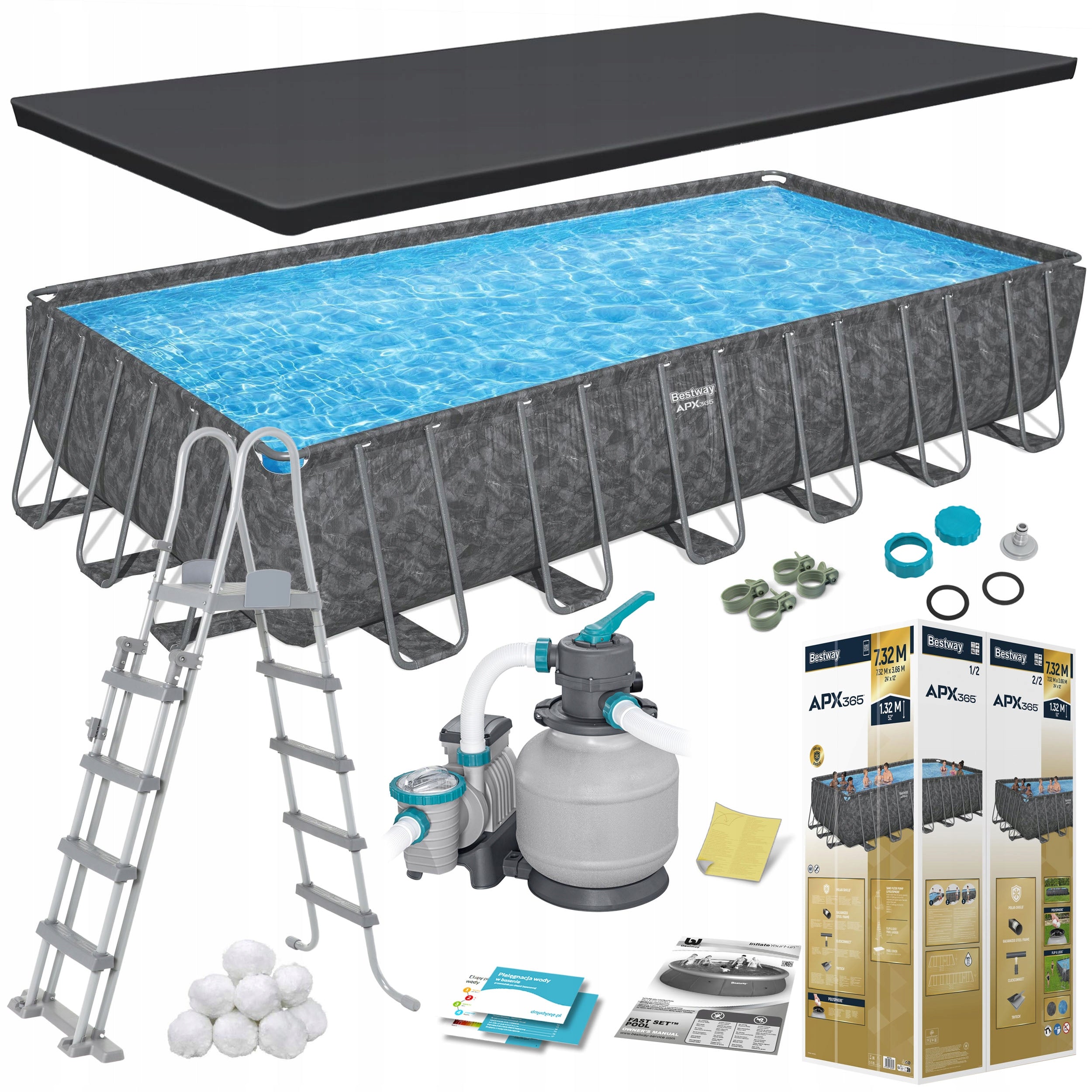 GARDEN FRAME POOL YEAR-ROUND 732x366x132cm APX SET 11in1 BESTWAY