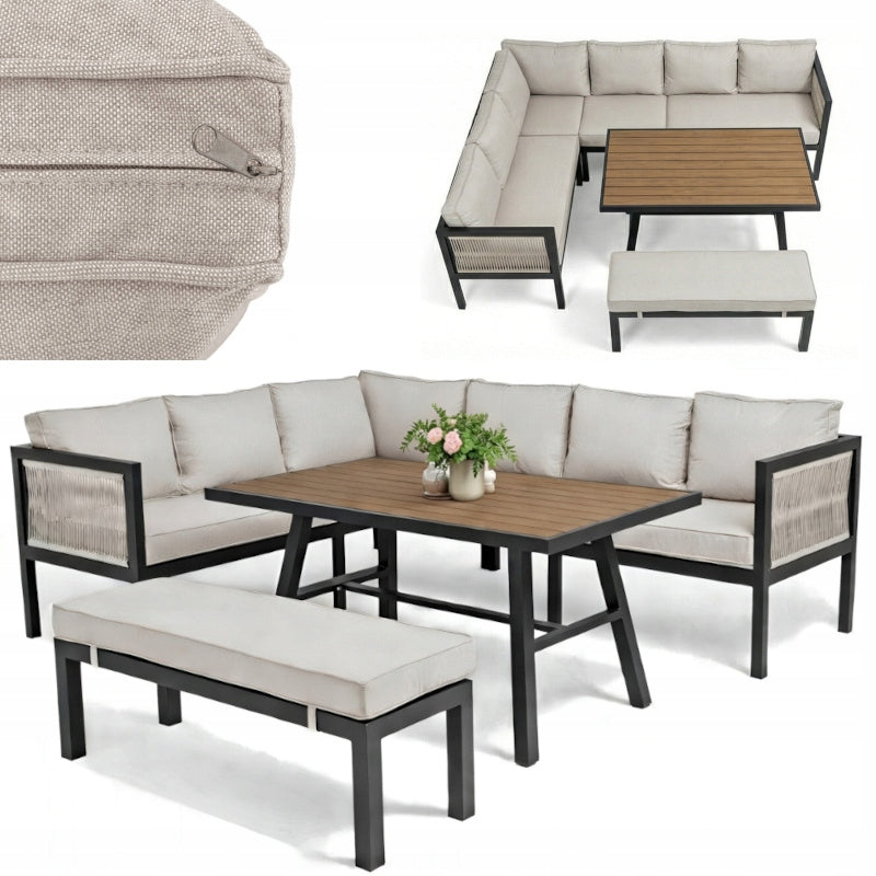 GARDEN FURNITURE ALUMINUM CORNER SEATING SET BEIGE TERRACE TABLE