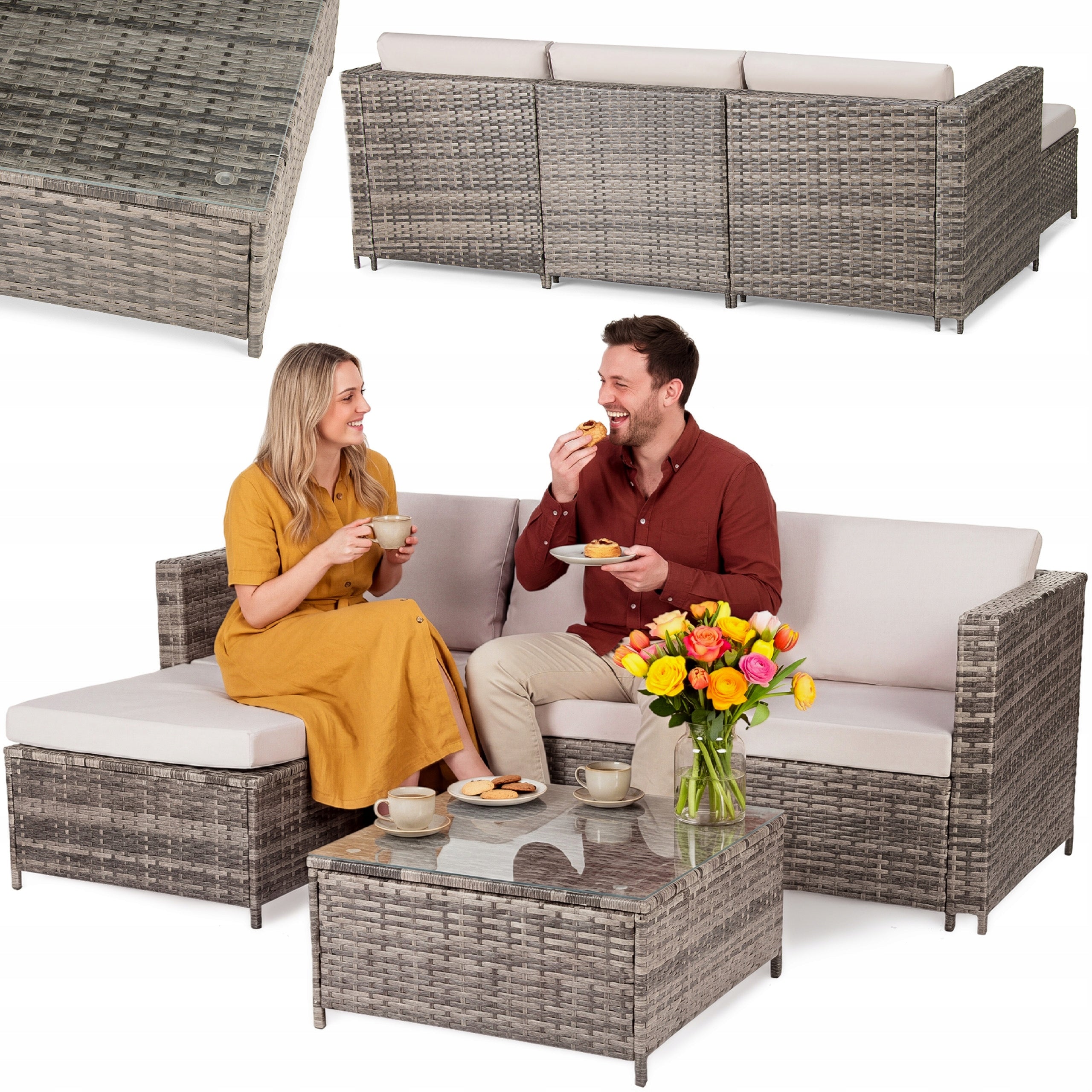 GARDEN FURNITURE GARDEN CORNER SET WITH RATTAN TABLE LUVERNO