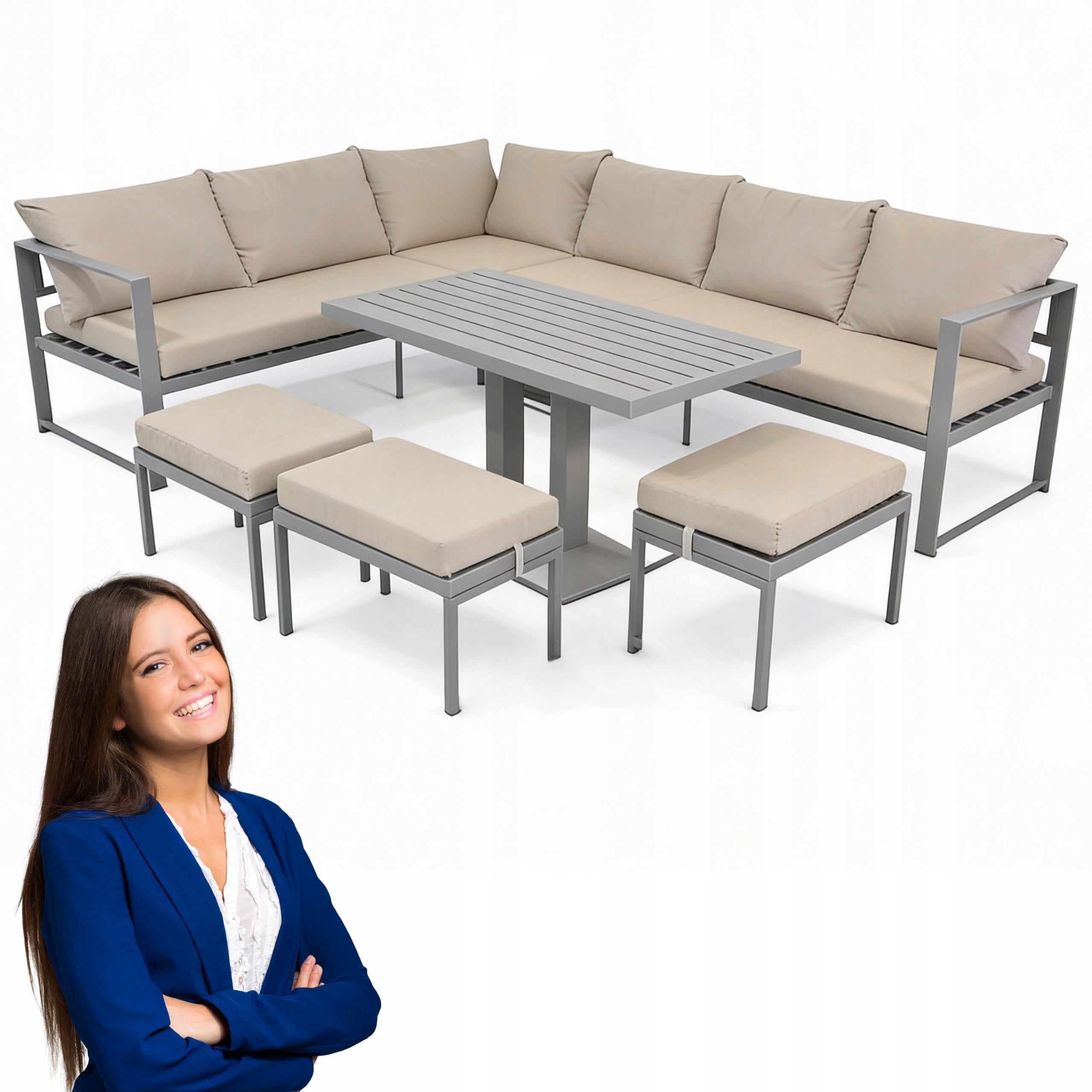 GARDEN FURNITURE METAL CORNER TABLE 3 POUFS SET NM-21 BROWN