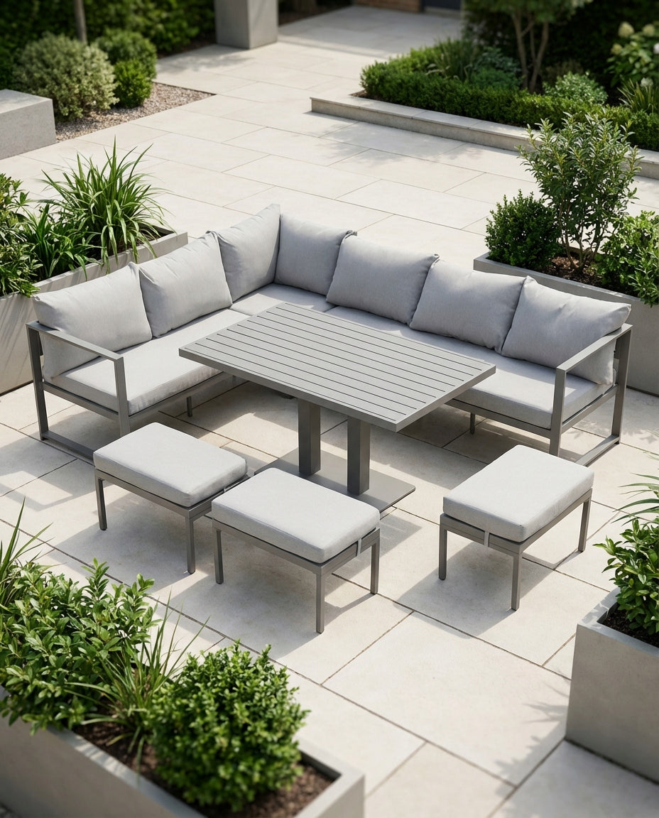GARDEN FURNITURE METAL CORNER TABLE 3 POUFS SET NM-21 GREY Main material steel