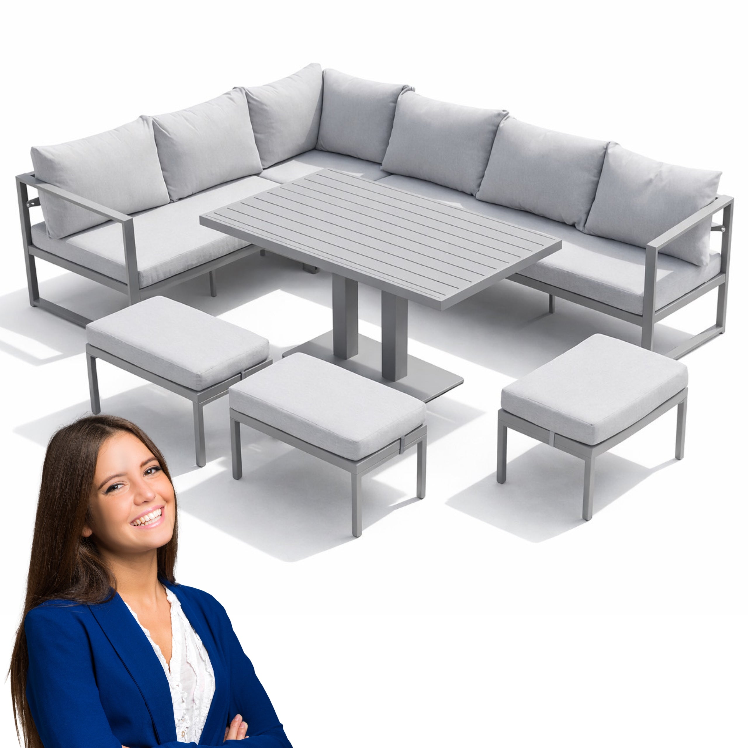 GARDEN FURNITURE METAL CORNER TABLE 3 POUFS SET NM-21 GREY