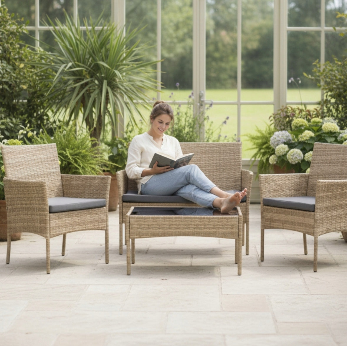GARDEN FURNITURE RATTAN 4 EL SOFA ARMCHAIRS TABLE BEIGE CUSHIONS DURABLE Color beige