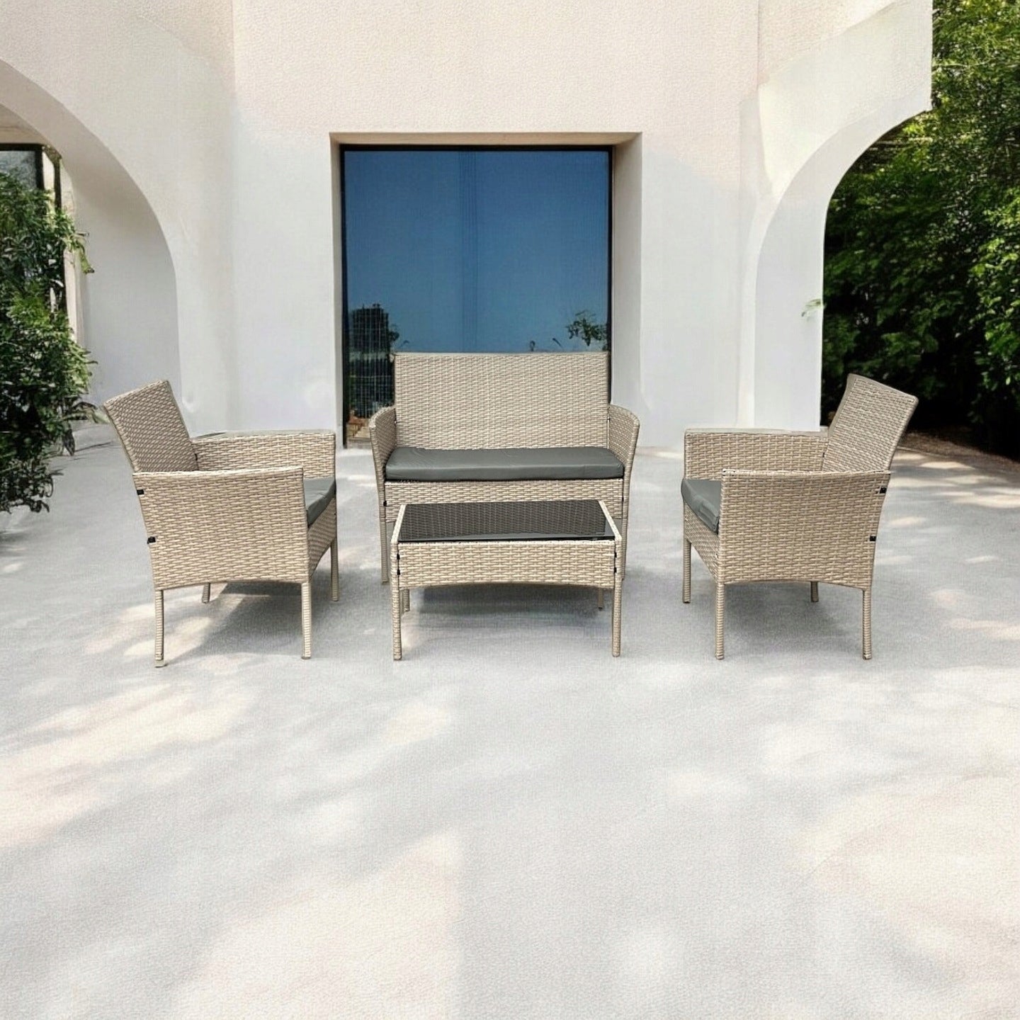 GARDEN FURNITURE RATTAN 4 EL SOFA ARMCHAIRS TABLE BEIGE CUSHIONS DURABLE Number of items in the set 4