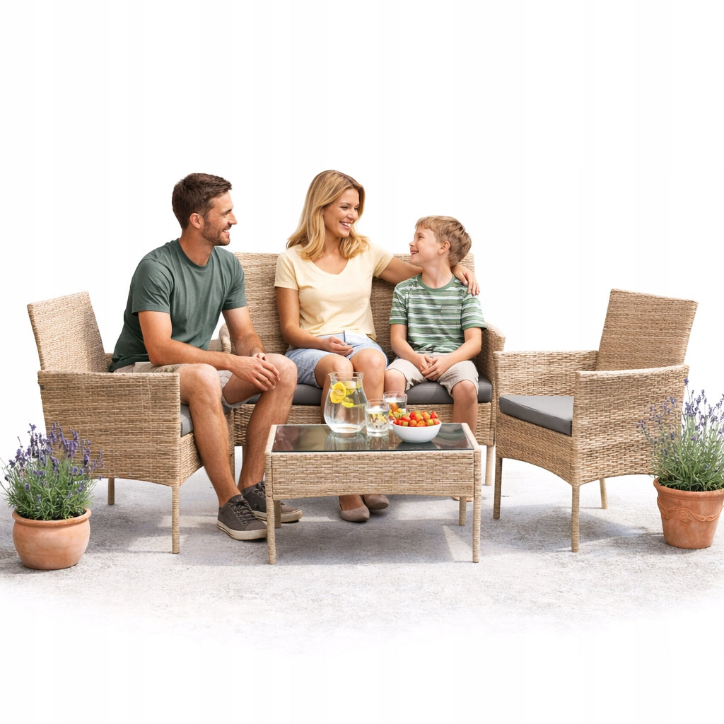 GARDEN FURNITURE RATTAN 4 EL SOFA ARMCHAIRS TABLE BEIGE CUSHIONS DURABLE