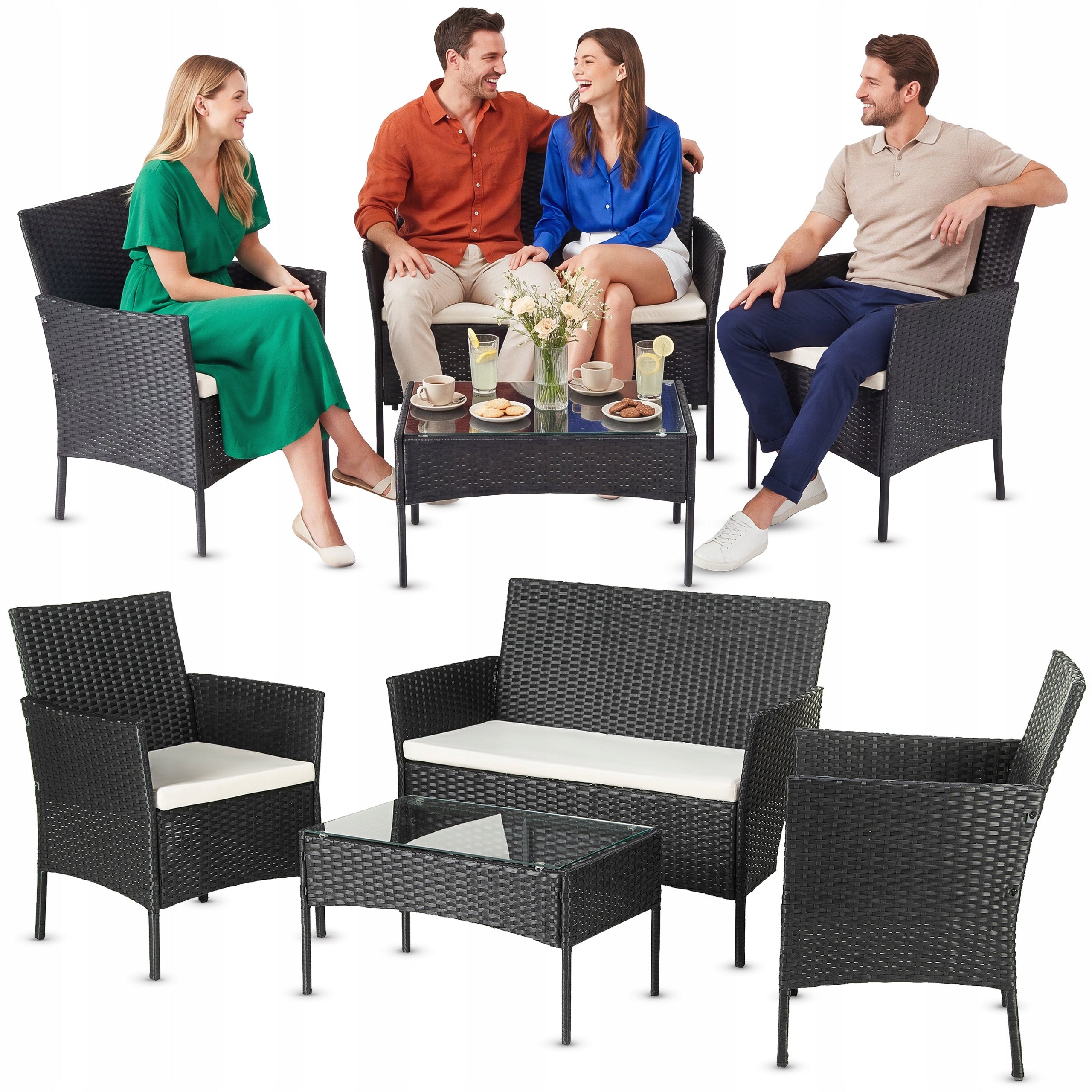 GARDEN FURNITURE SET 4-PERSON SET RATTAN TERRACE BALCONY LUVERNO