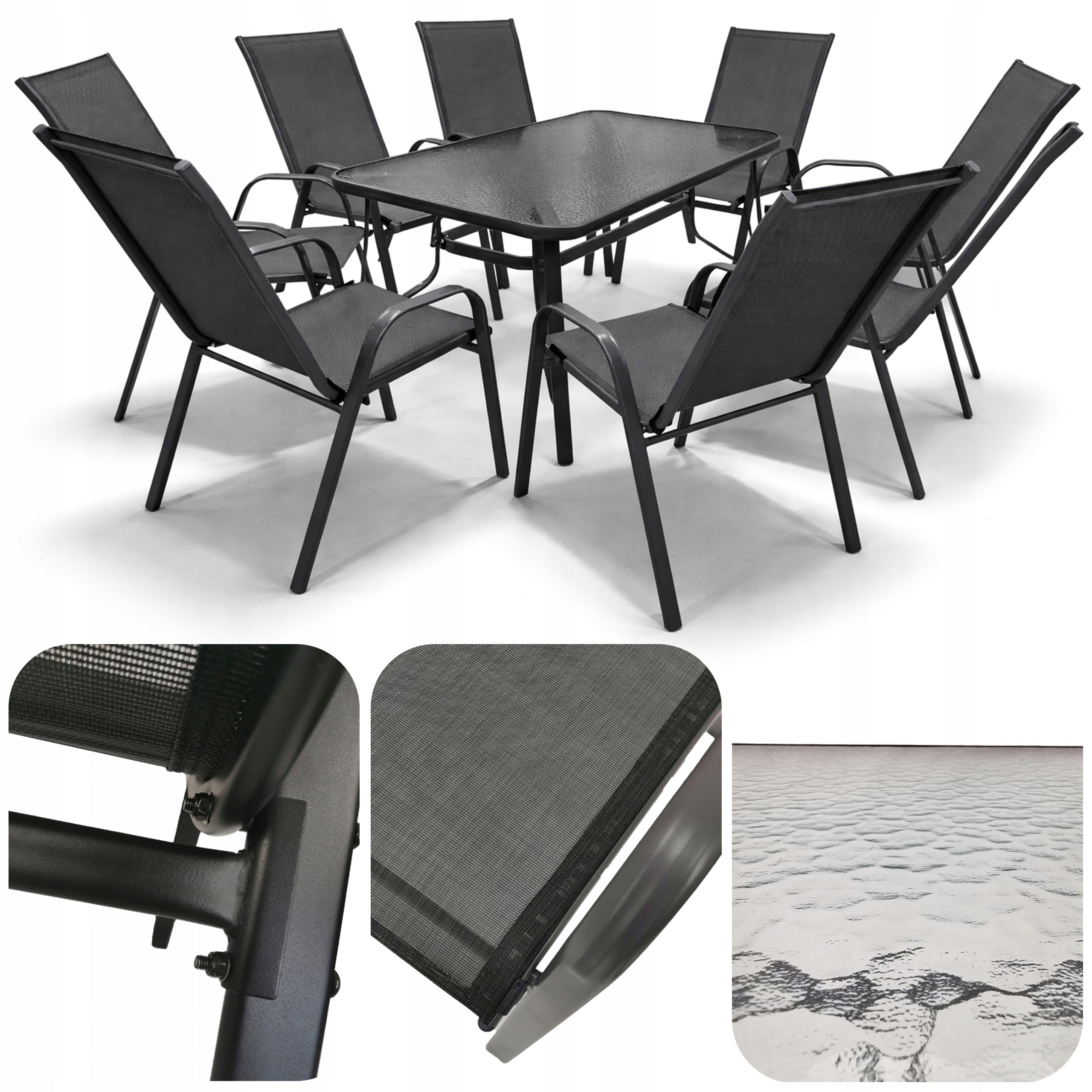 GARDEN FURNITURE SET BALCONY TERRACE TABLE 140x80 +8x CHAIRS MENORCA BLACK Packaging status original