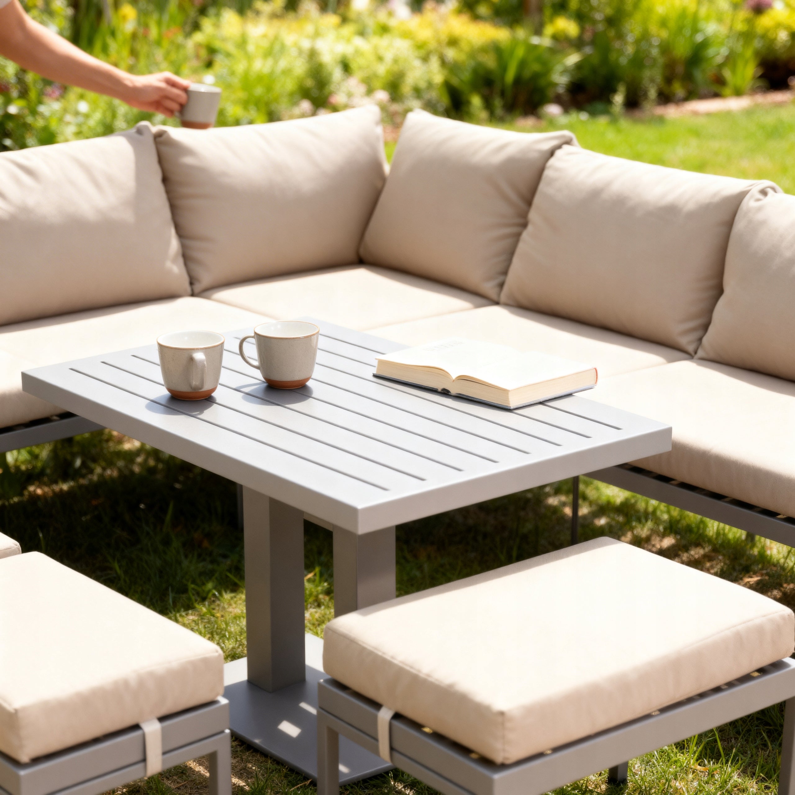 GARDEN FURNITURE SET CORNER TABLE 3 POUFS NM-21G BR RAISED TABLE BROWN Color beige