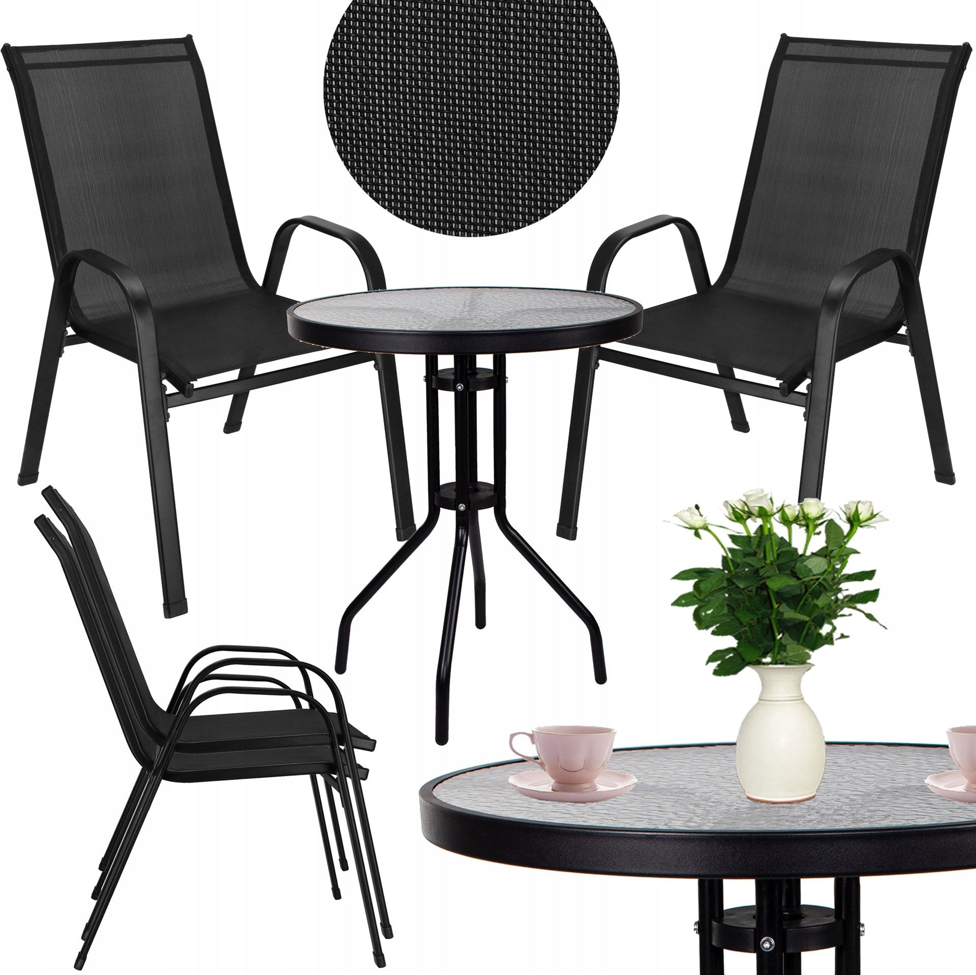 GARDEN FURNITURE SET FOR BALCONY TERRACE WATERPROOF TABLE+2 CHAIRS BLACK Number of people 2