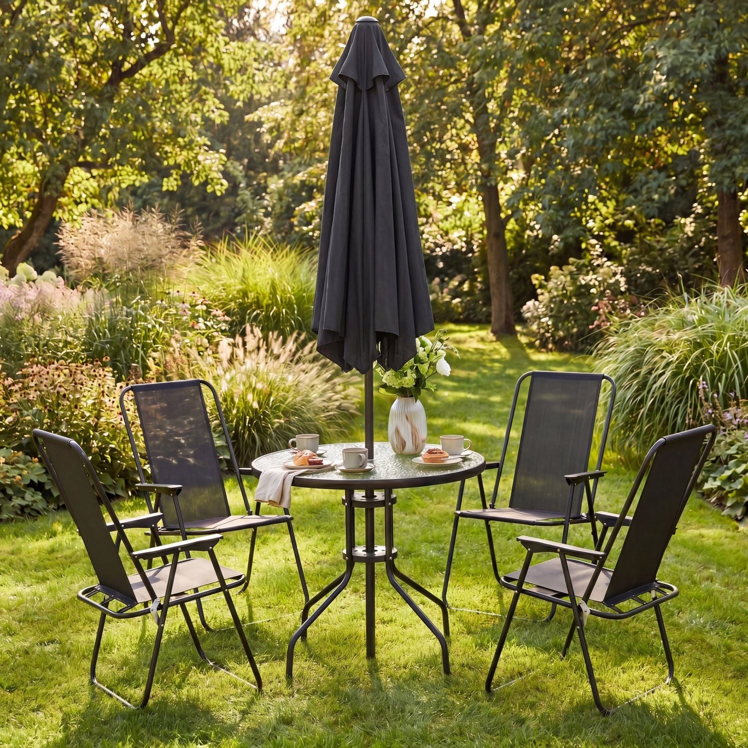 GARDEN FURNITURE SET GARDEN TABLE 4-CHAIR UMBRELLA LUVERNO Main material metal
