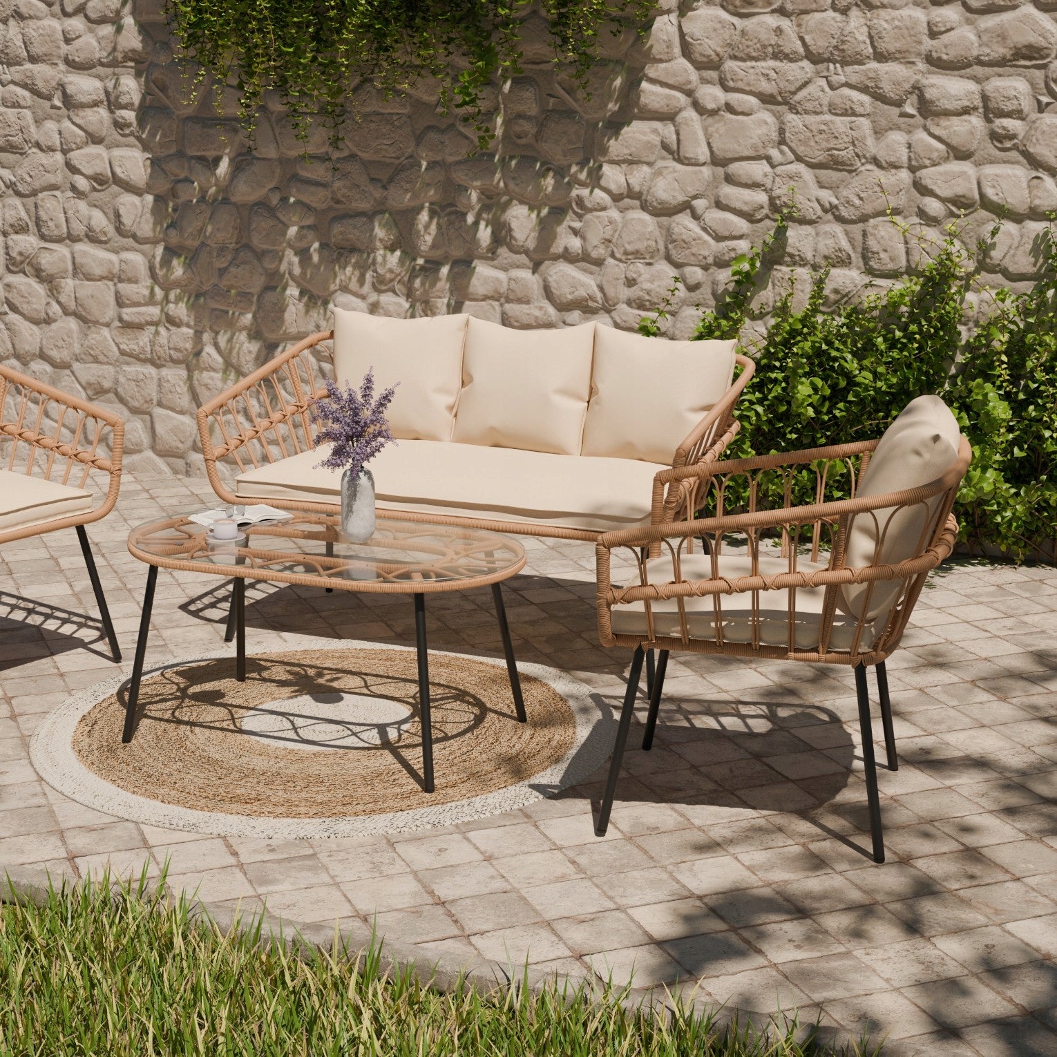 GARDEN FURNITURE SET RATTAN TABLE SOFA 2x CHAIR Cream ZENJOY Main material synthetic rattan