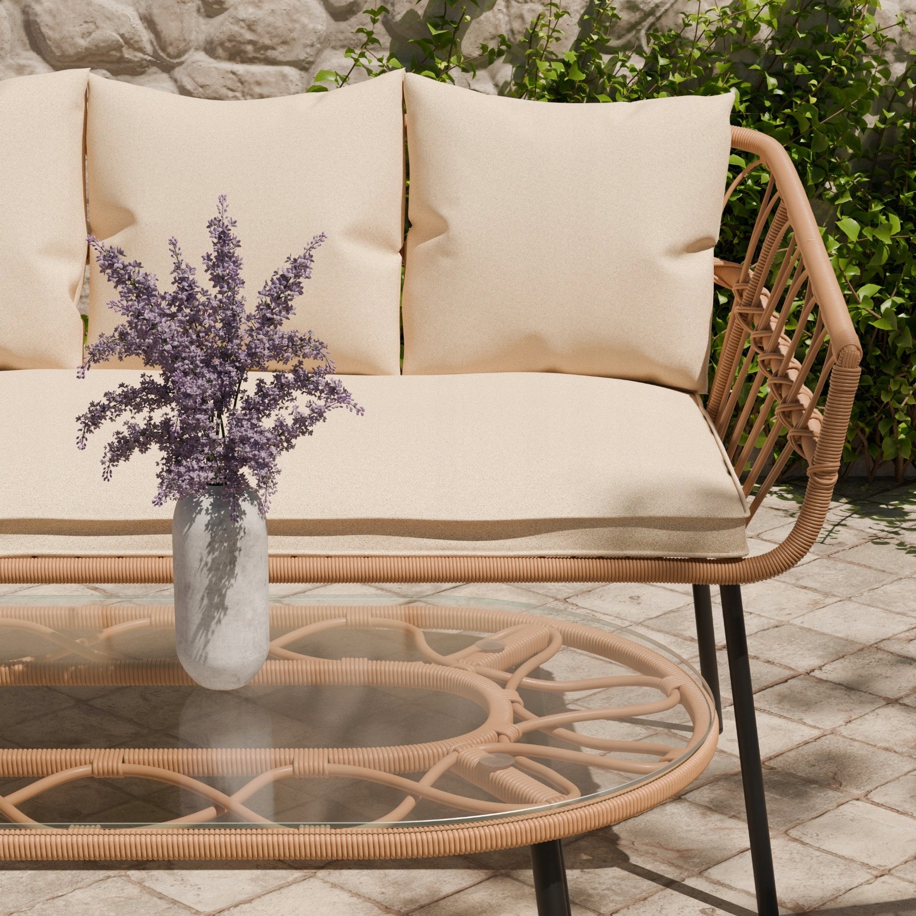 GARDEN FURNITURE SET RATTAN TABLE SOFA 2x CHAIR Cream ZENJOY Number of items in the set 4