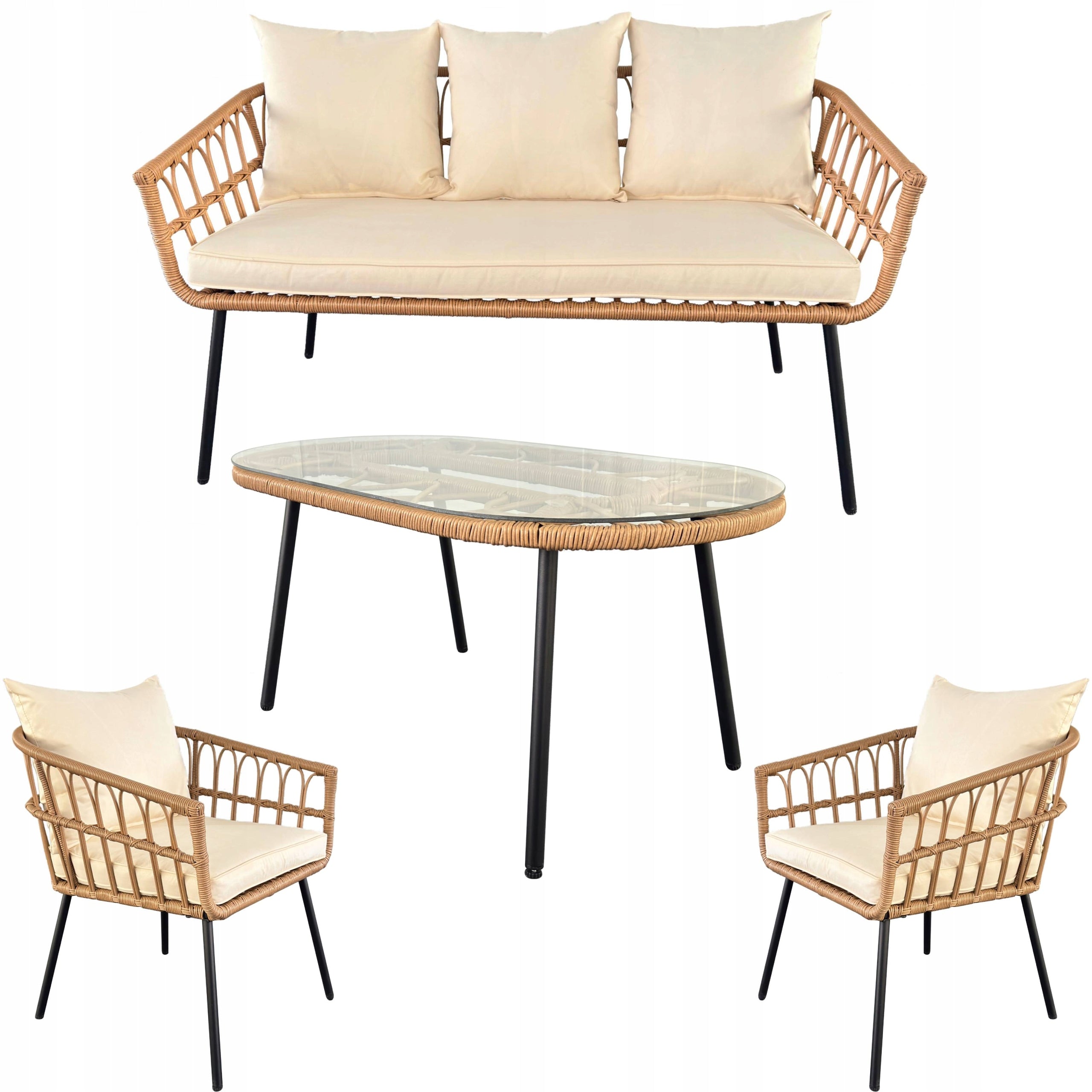 GARDEN FURNITURE SET RATTAN TABLE SOFA 2x CHAIR Cream ZENJOY