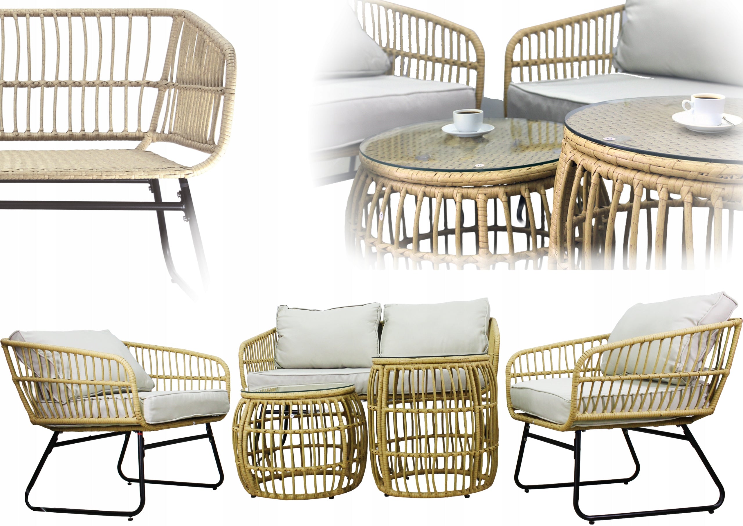 GARDEN FURNITURE SET SOFA 2 ARMCHAIRS 2 TABLES RATTAN GREY