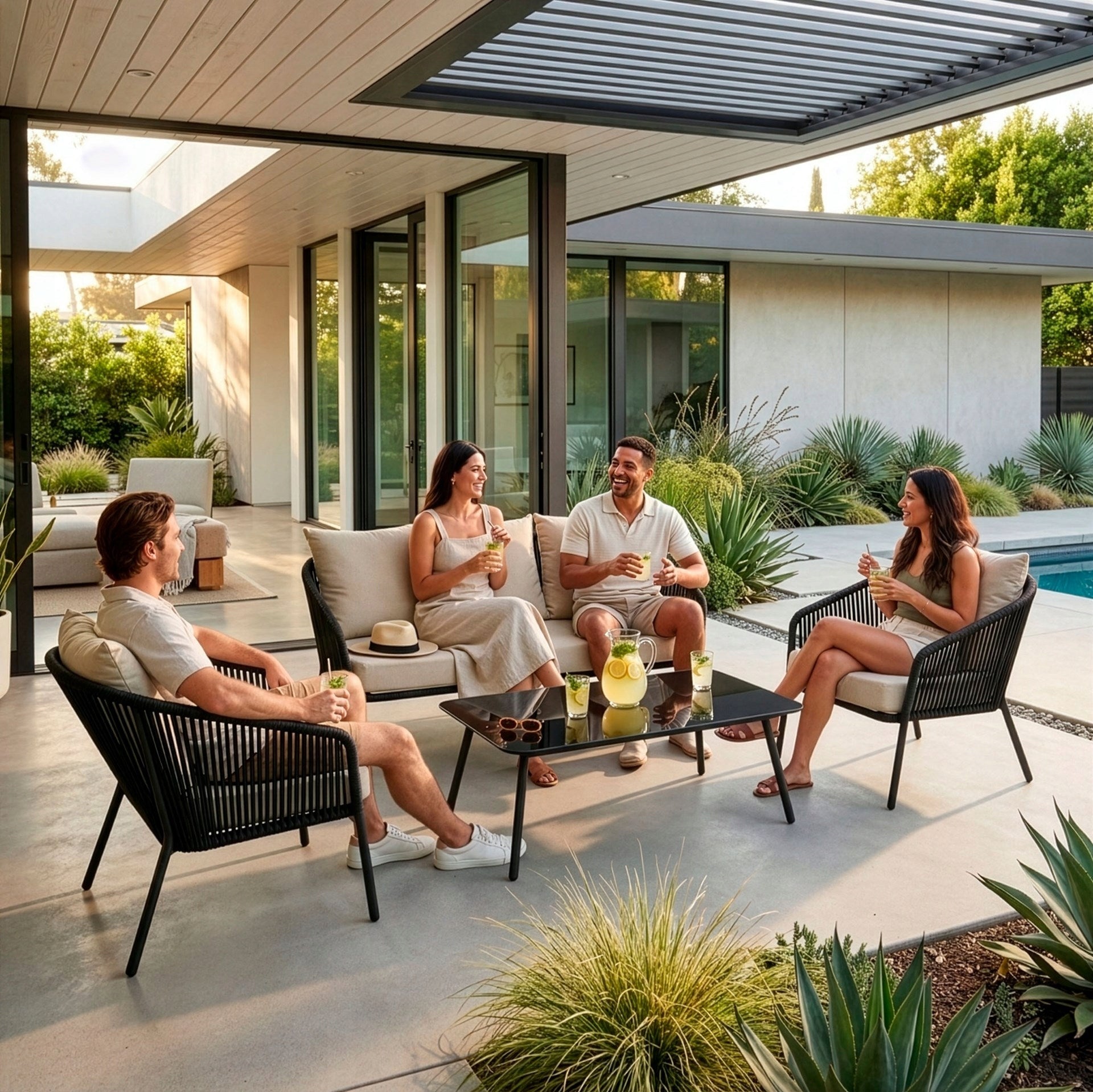 GARDEN FURNITURE SET SOFA ARMCHAIR STEEL FOR TERRACE FURNITURE SET FOR 5 PEOPLE Line GF0116 ZESTAW MEBLI OGRODOWYCH "RIVERSTO