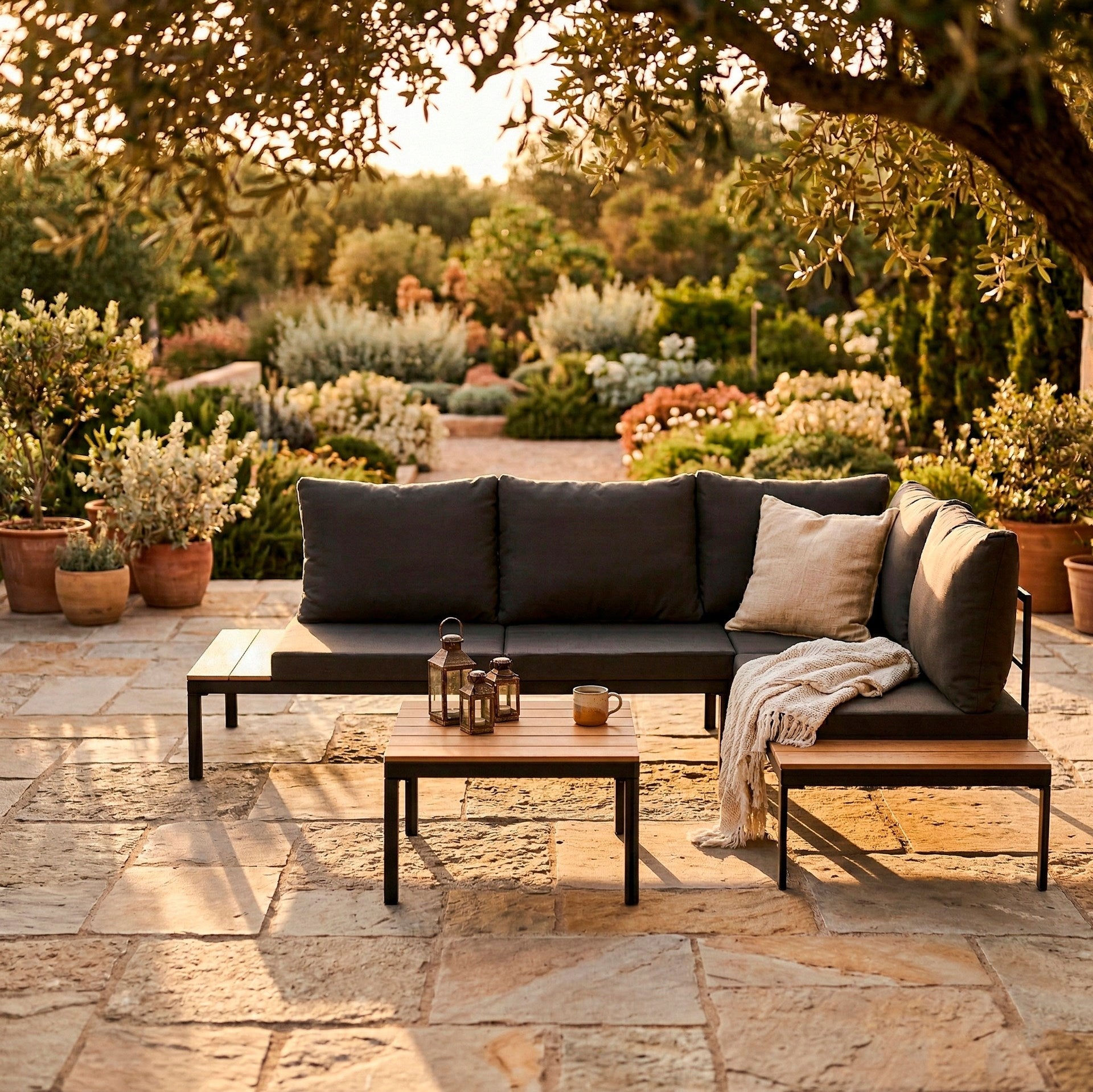GARDEN FURNITURE SET SOFA STEEL TABLE FOR TERRACE FURNITURE SET FOR 4 PEOPLE Set contents end table bench corner sofa