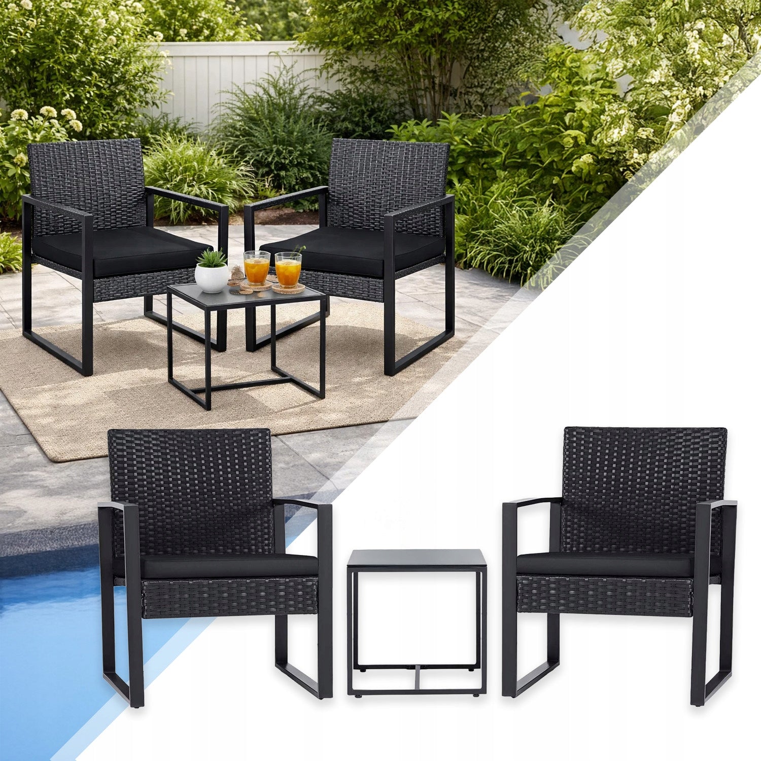 GARDEN FURNITURE SET TERRACE FURNITURE BLACK ARMCHAIRS TABLE RATTAN Main material synthetic rattan