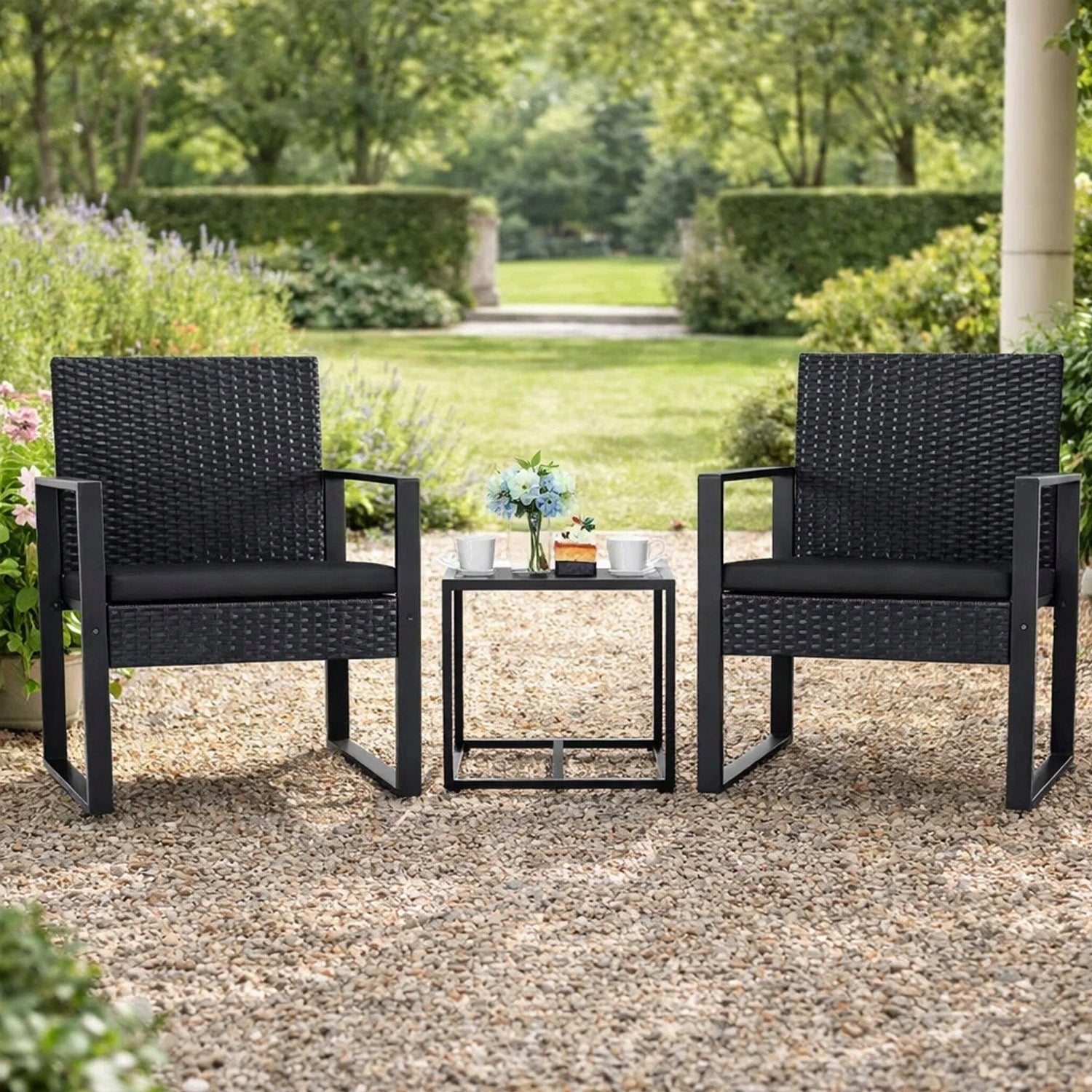 GARDEN FURNITURE SET TERRACE FURNITURE BLACK ARMCHAIRS TABLE RATTAN Number of items in the set 3