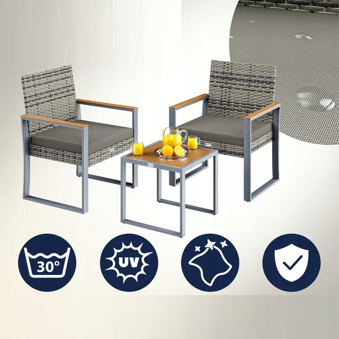 GARDEN FURNITURE TABLE 2 CHAIRS POLYRATTAN ACACIA WOOD Set contents armchair end table