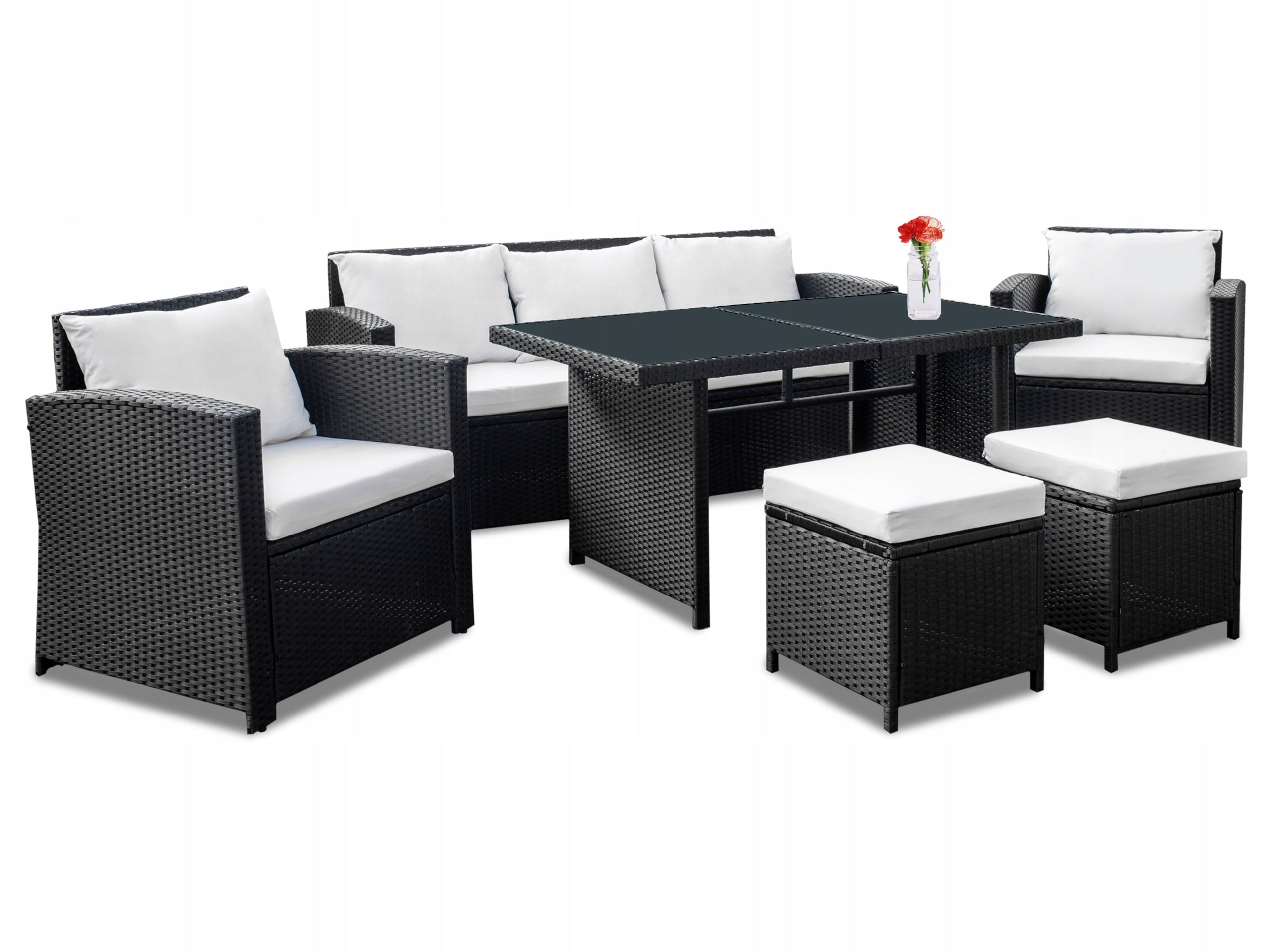 GARDEN FURNITURE TERRACE SOFA ARMCHAIRS POUFS 7 PEOPLE Set contents armchair bench pouf table end table