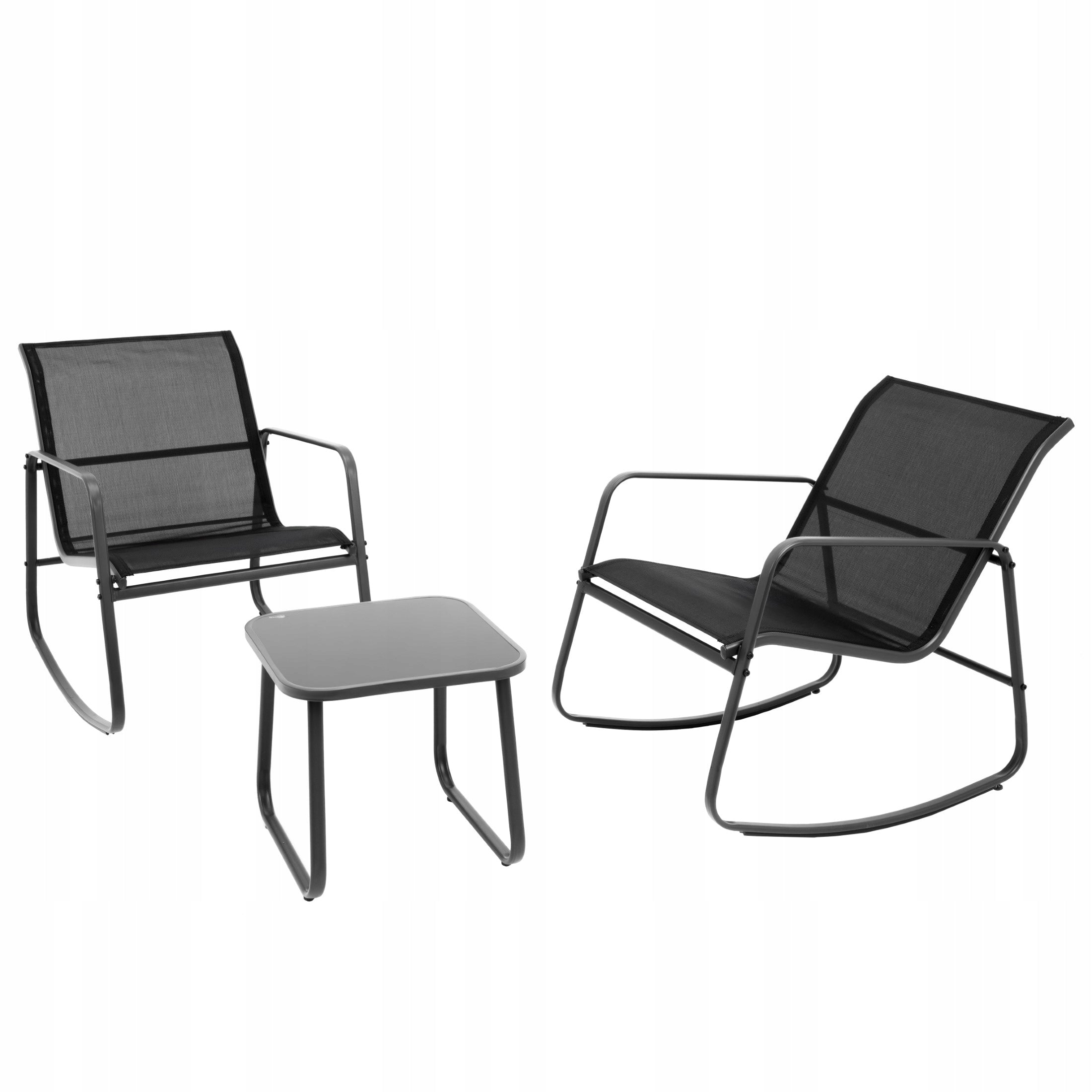 GARDEN Furniture Set 2 Chair Chairs ROCKING Textile Glass Table Color black