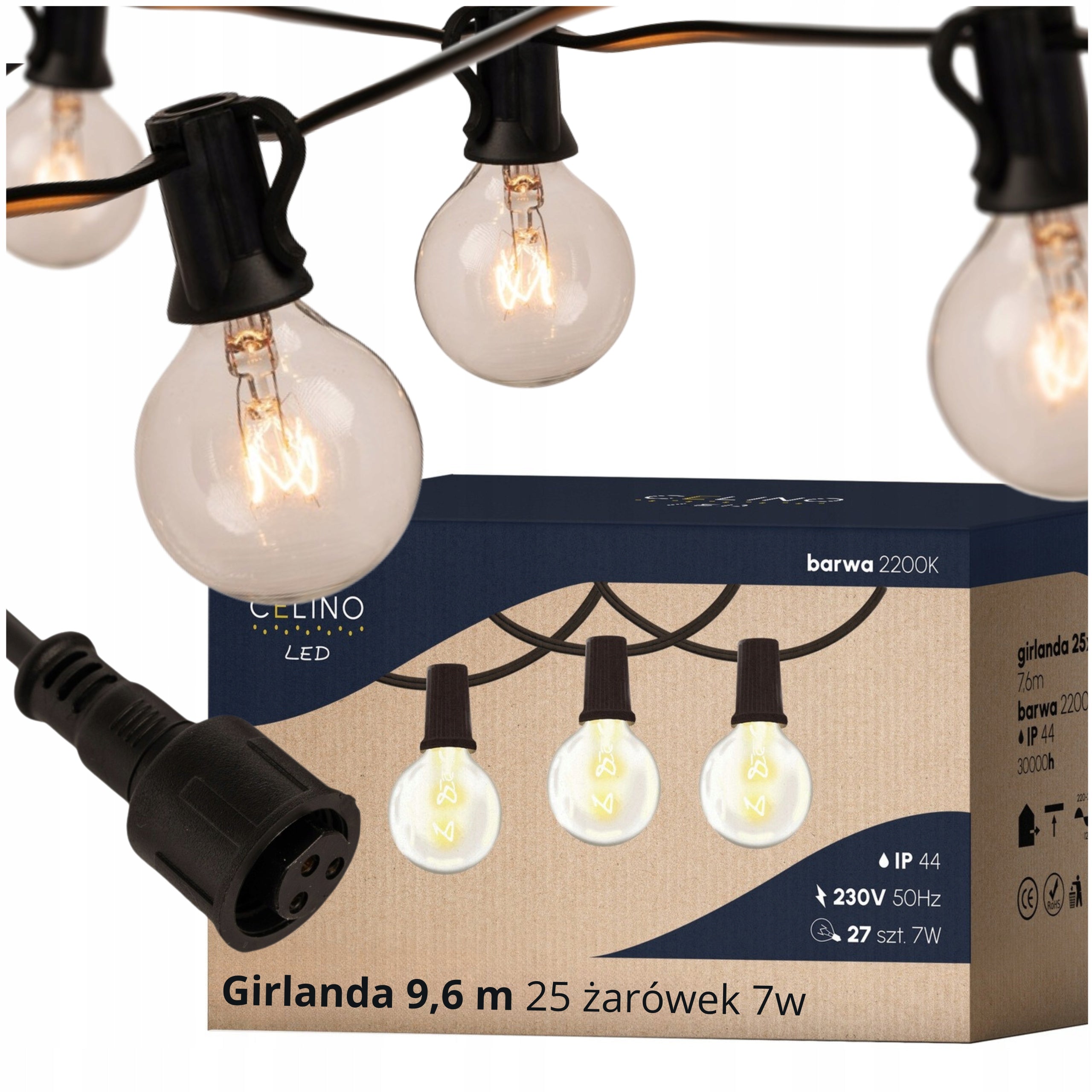 GARDEN GARLAND LIGHT 25x Classic Light Bulbs 7W GLASS E12 9,6M