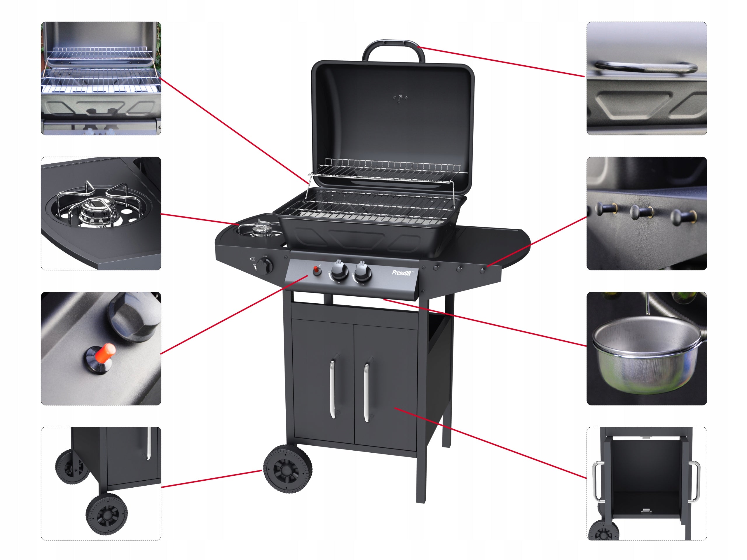 GARDEN GAS GRILL 2+1 8kW LARGE GRATE CABINET SIDE BURNER THERMOMETER Packaging status original