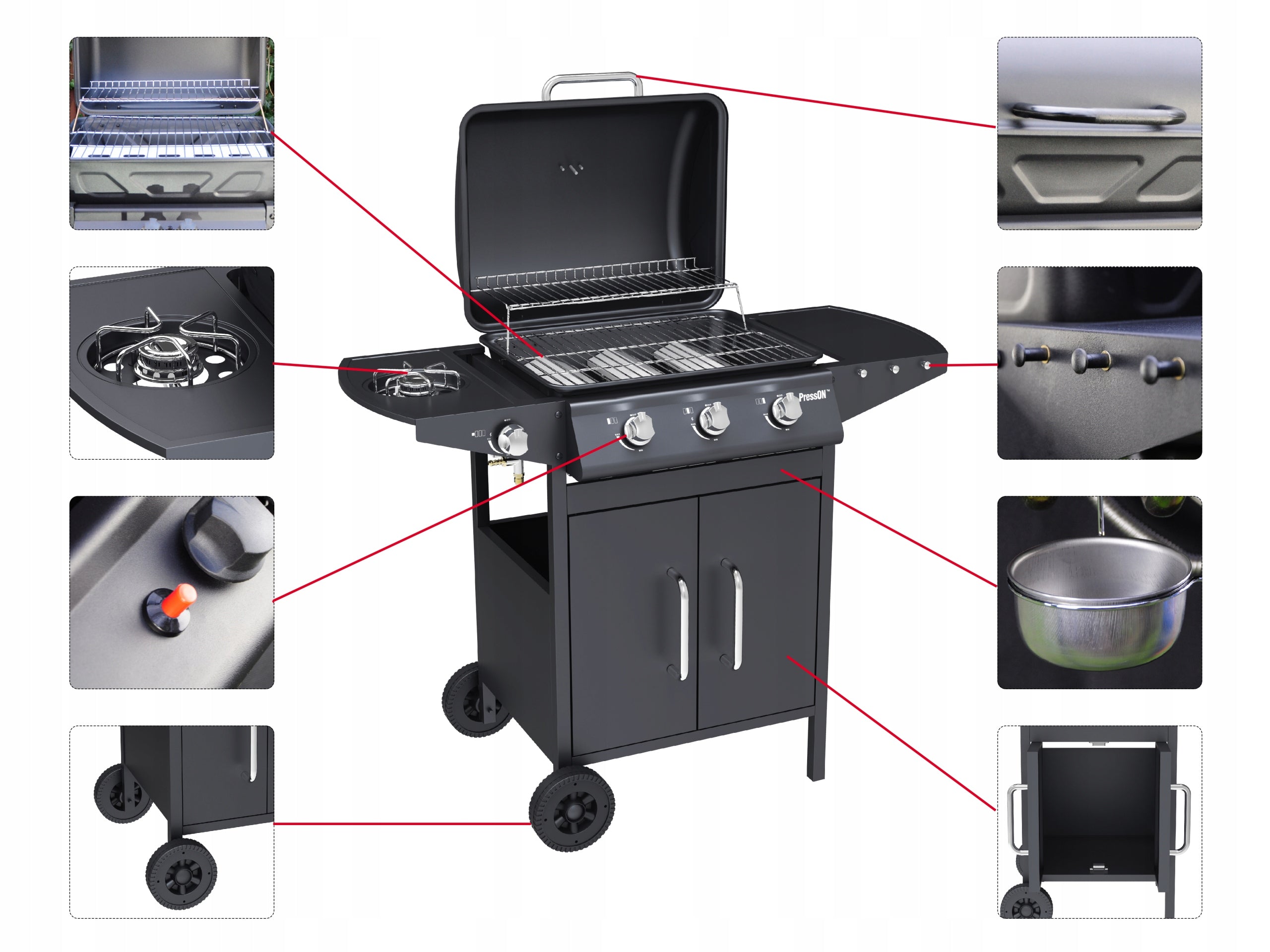 GARDEN GAS GRILL 3+1 11kW LARGE GRATE CABINET SIDE BURNER THERMOMETER Brand Presson