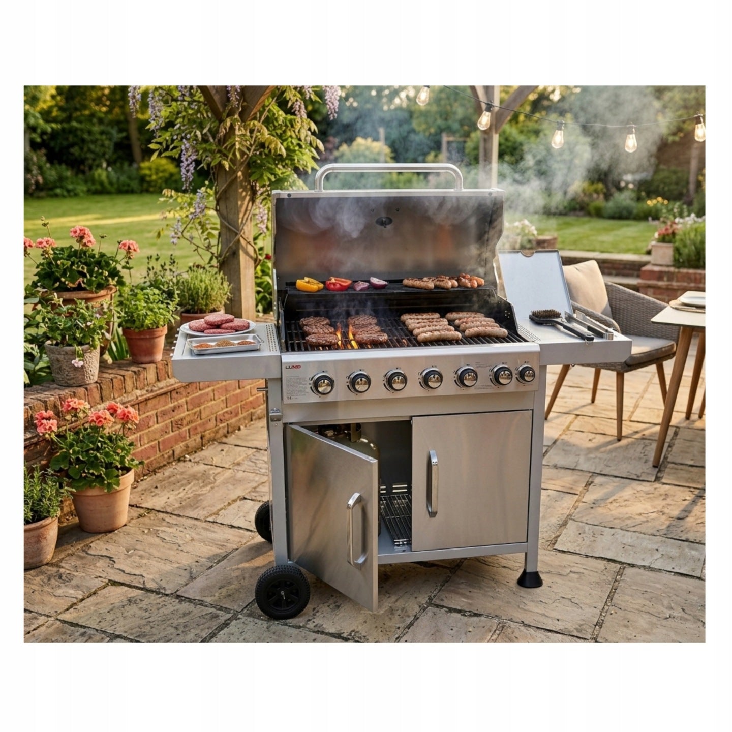 GARDEN GAS GRILL 6+1 SIDE BURNER 7 BURNERS COVER CAST IRON GRATE Manufacturer code 99638