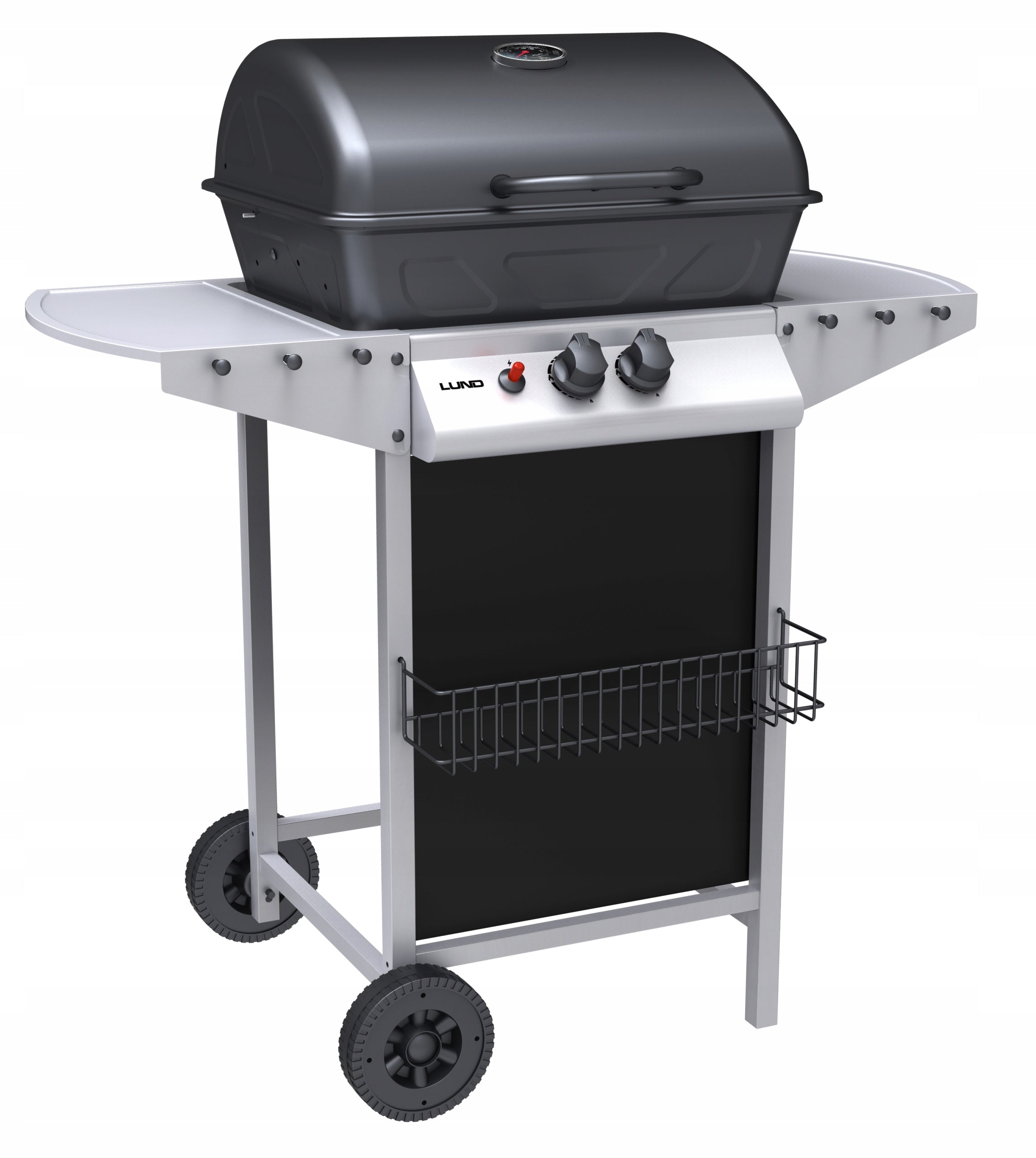 GARDEN GAS GRILL LARGE 2 BURNERS 5,5 KW STEEL GRATE ON WHEELS LUND Manufacturer code 99644