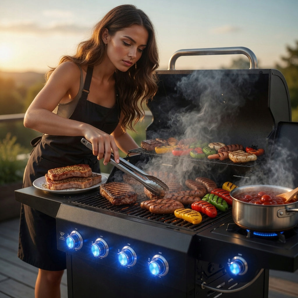 GARDEN GAS GRILL STAINLESS STEEL GRATE 4+1 CABINET ADDITIONAL BURNER Packaging status original