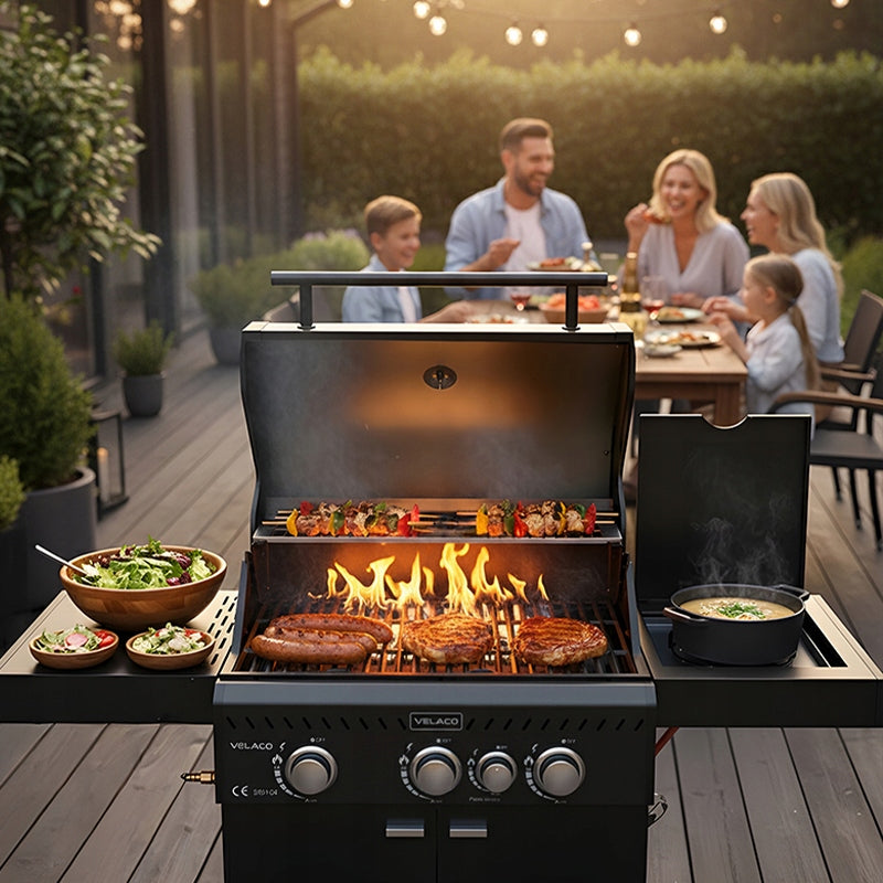 GARDEN GAS GRILL WITH LID AND SHELVES CAST IRON GRATE 11,5 KW + COVER Brand Velaco