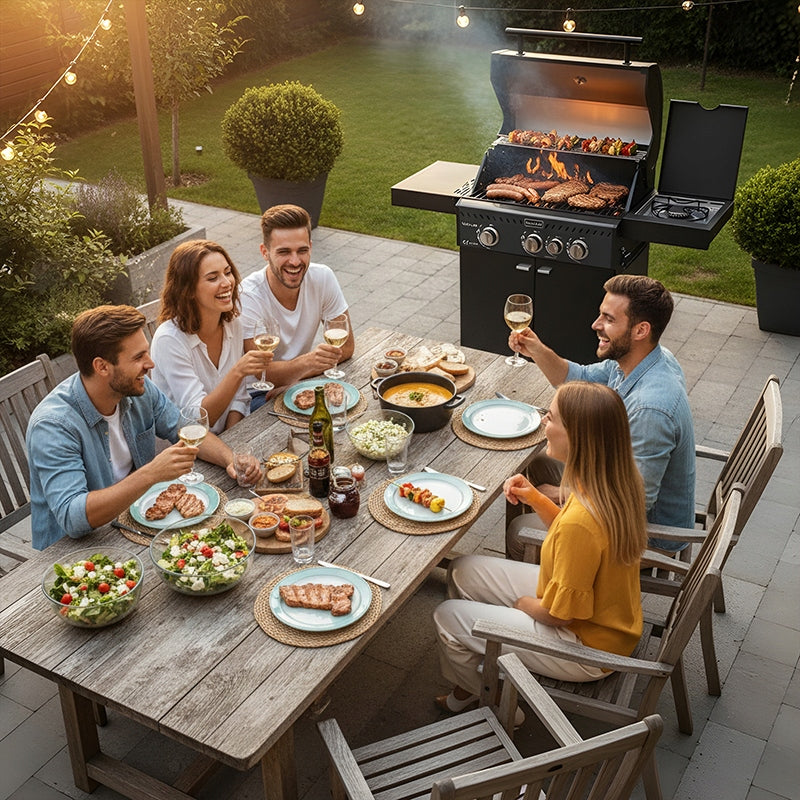 GARDEN GAS GRILL WITH LID AND SHELVES CAST IRON GRATE 11,5 KW + COVER Packaging status original